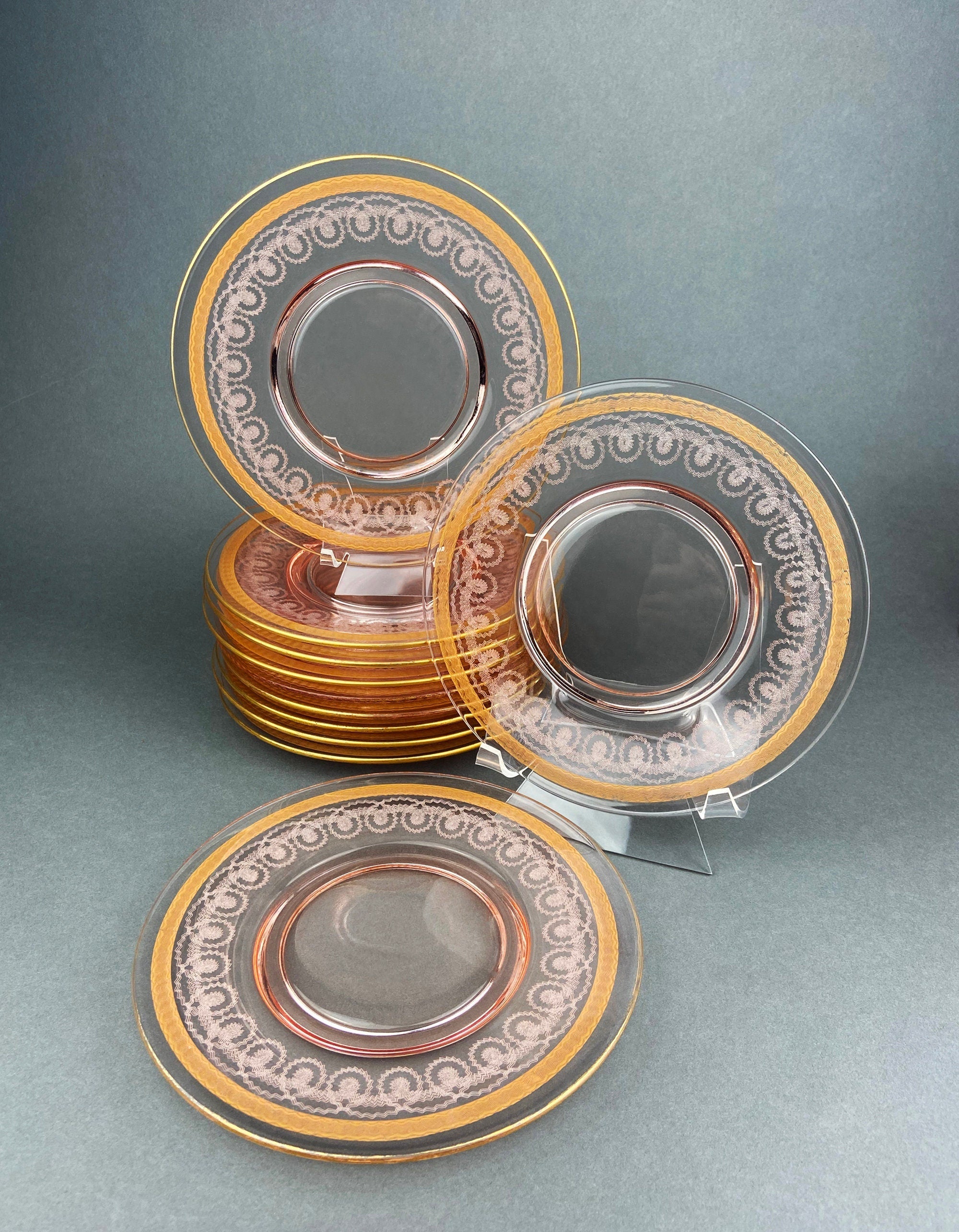 Antique Etched Glass Dessert Plates or Salad Plates. Set of Seven Square Serving Plates with Scalloped Edges. Fine Dining. Glass Tableware.
