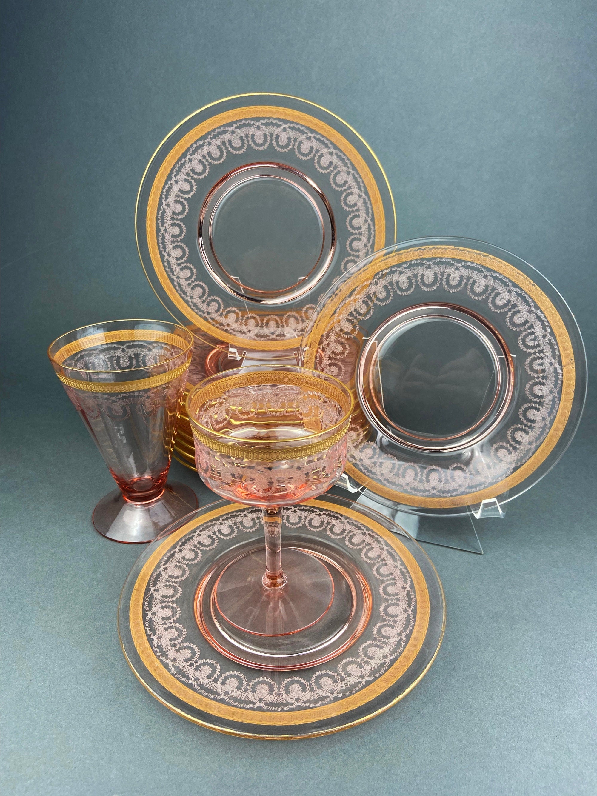 Antique Etched Glass Dessert Plates or Salad Plates. Set of Seven Square Serving Plates with Scalloped Edges. Fine Dining. Glass Tableware.