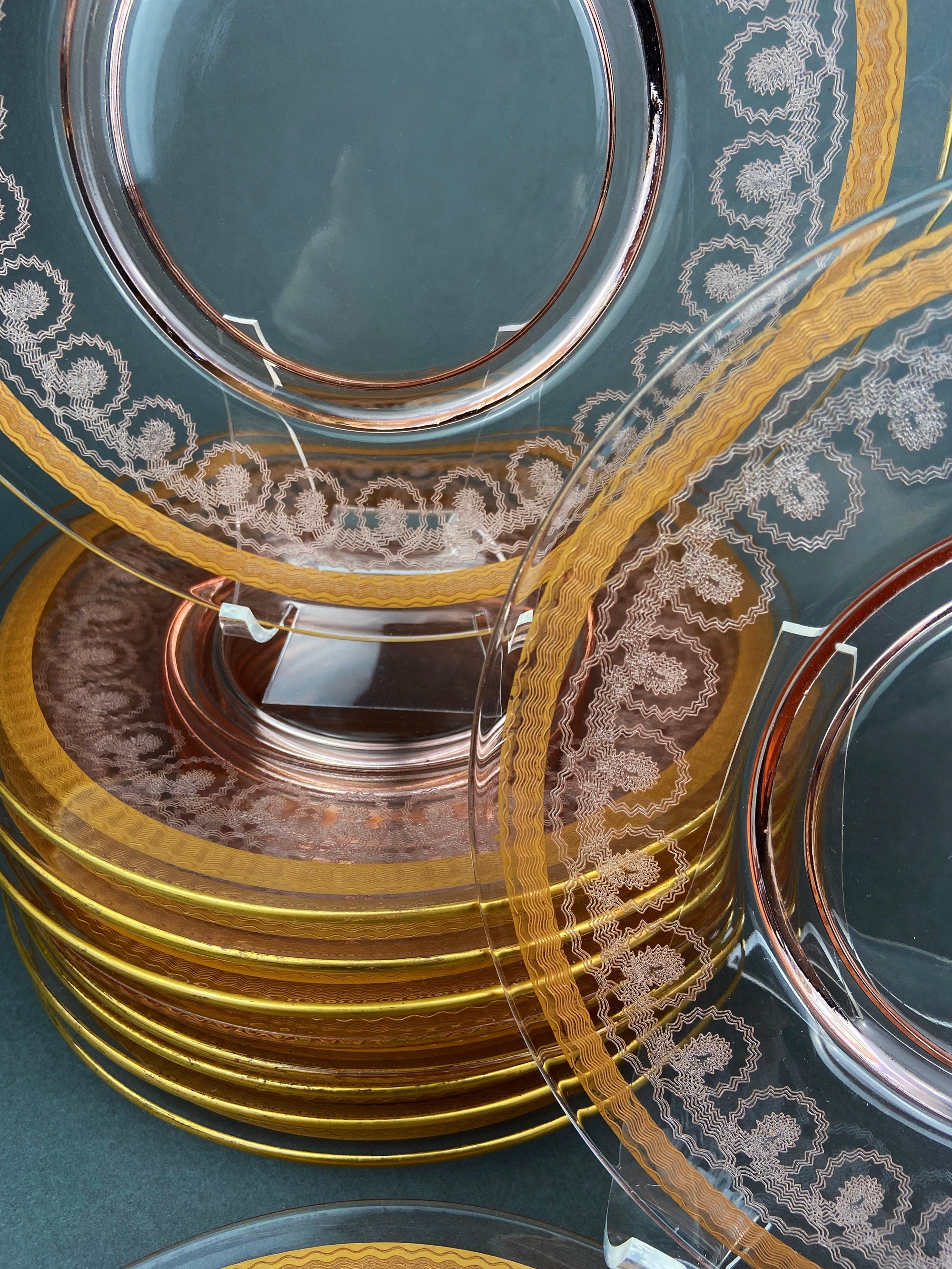 Antique Etched Glass Dessert Plates or Salad Plates. Set of Seven Square Serving Plates with Scalloped Edges. Fine Dining. Glass Tableware.