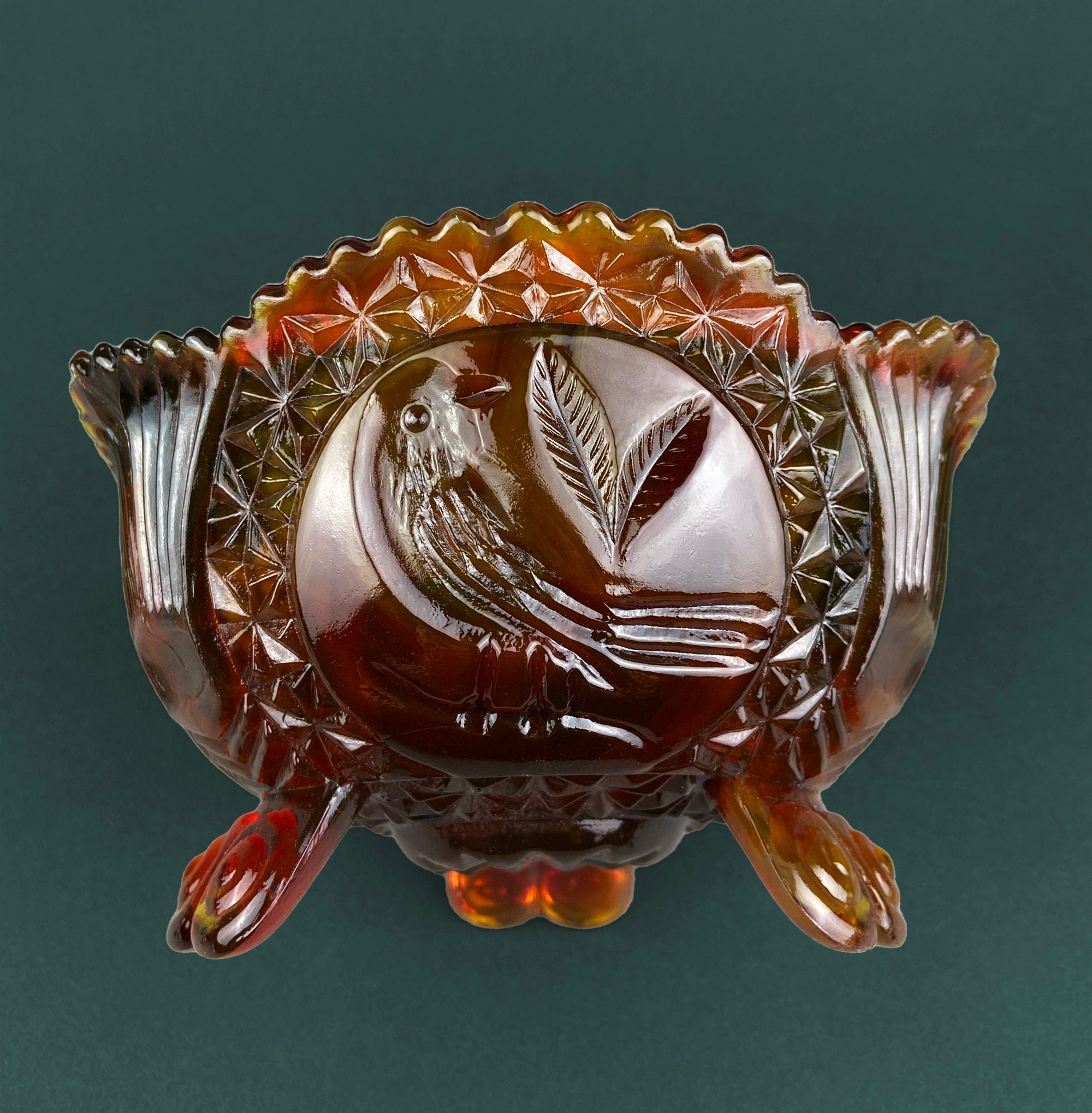 Vintage Slag Glass Footed Bowl. Brown and White Marbled Compote with Floral Base. Candy or Trinket  Dish.