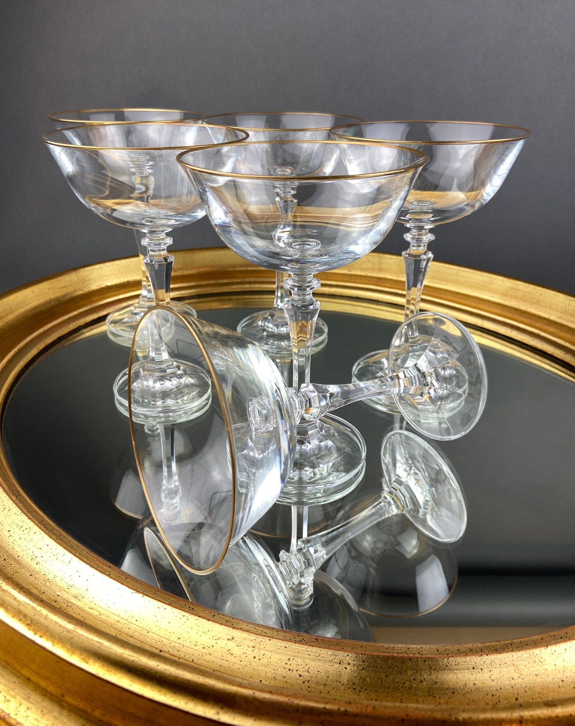 Set of 5 Whiskey or Scotch Stemless Glassware. Bold Gold Rim with Engraved Motif. Elegant Gift for Dad or Him. Office Bar.