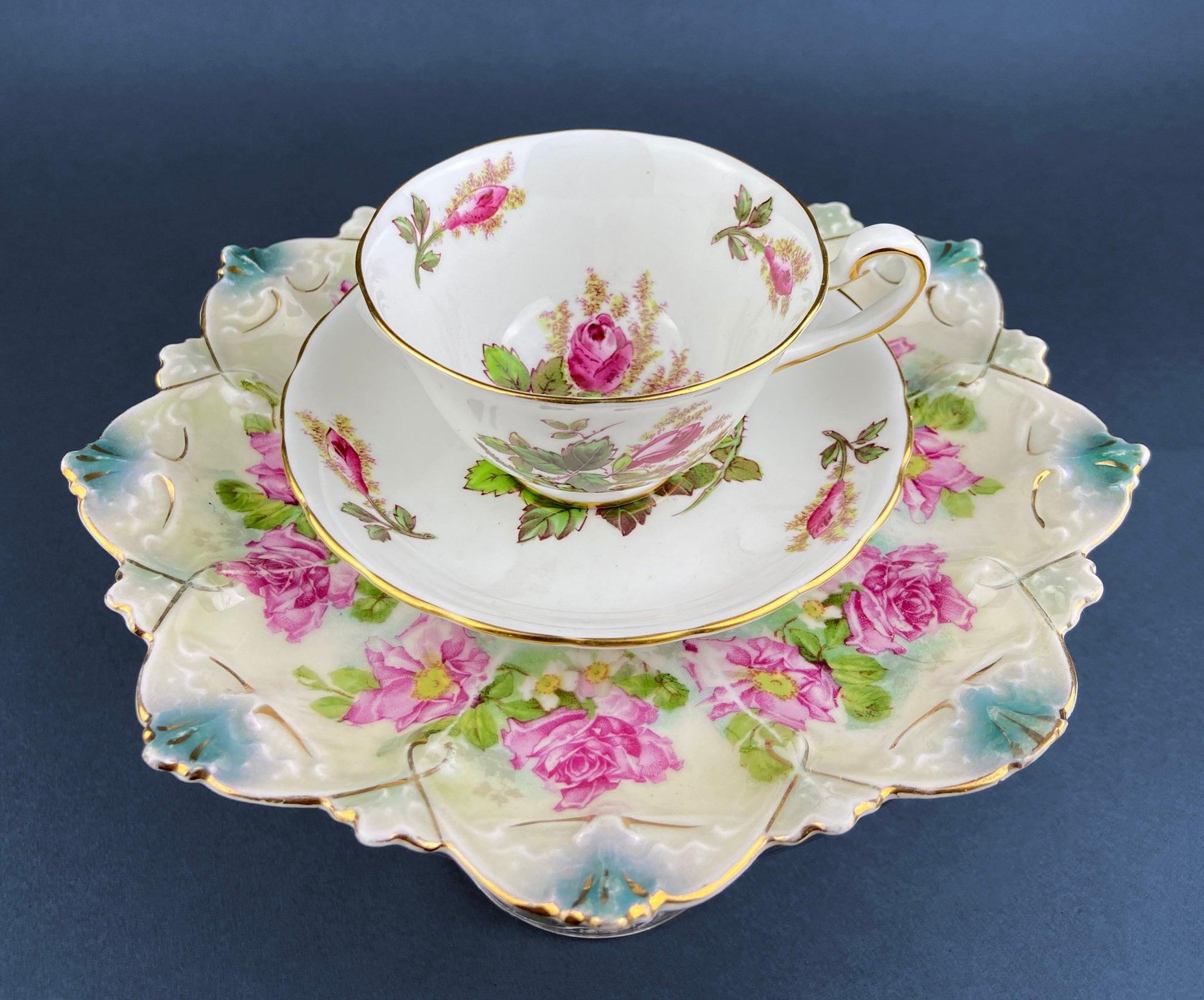 Antique Plate and Bowl by Milton, Imperial Vienna. Hand-Painted Tea Roses. Collectible Dessert Plate and Serving Bowl.