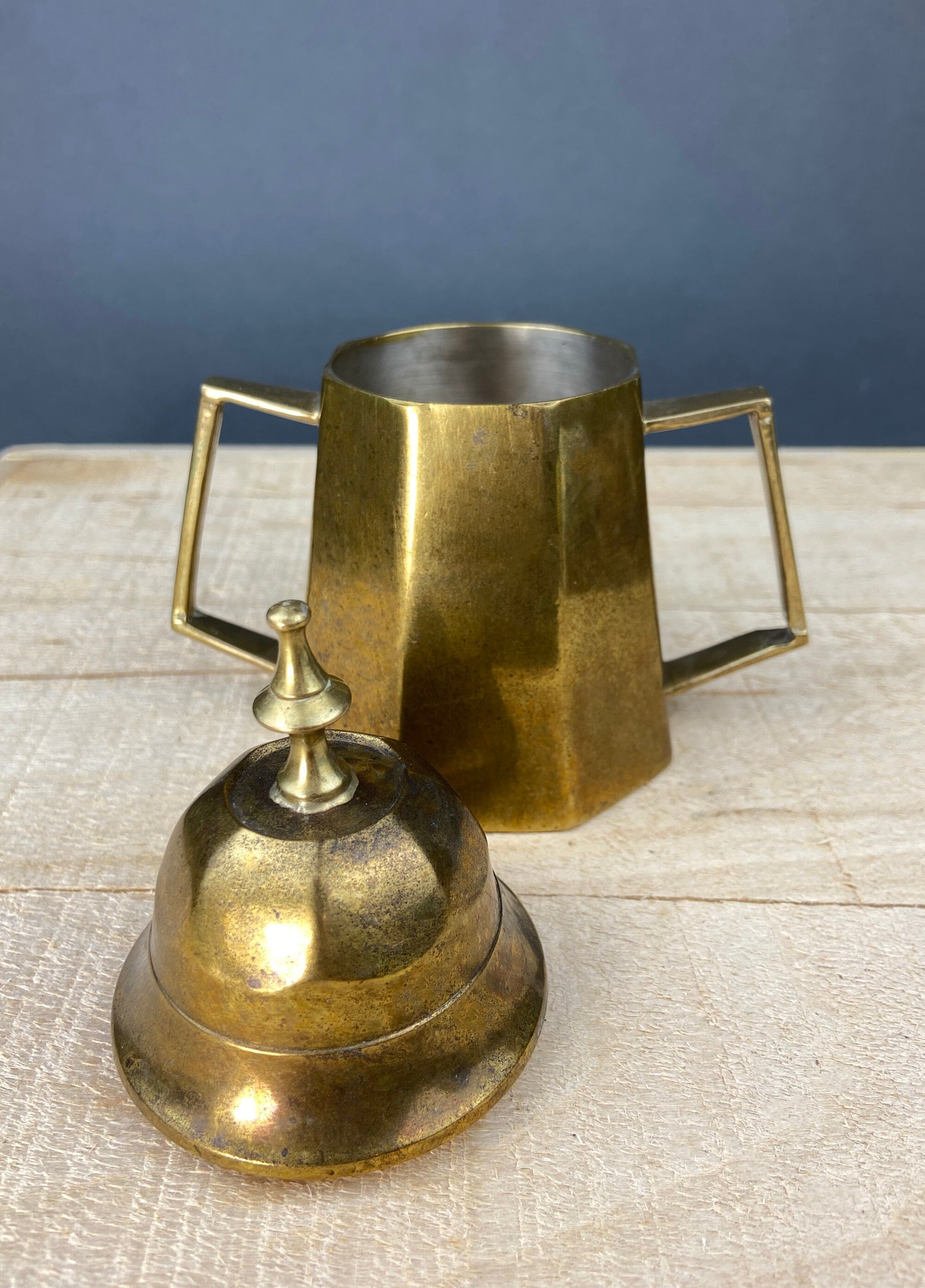 Antique Brass Coffee Set with Coffee Pot, Creamer & Sugar Bowl. Heavy Brass Pots with Handles. Kitchen Accessories.