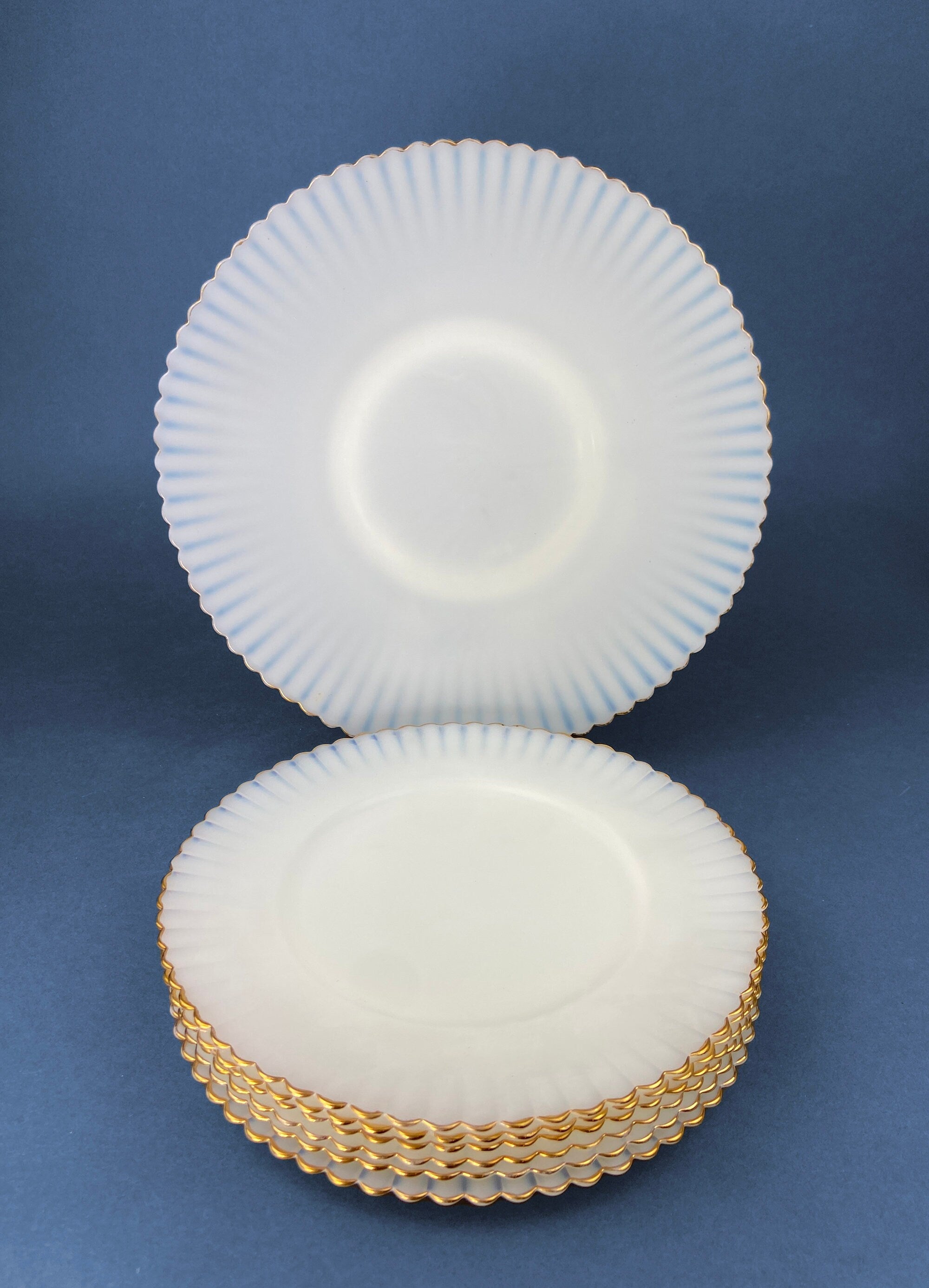 1930s Monax Petalware Opalescent Glass Dinner Plates. White Glass with Gold Rim. Depression Glass 8 Inch Dinner Plates.