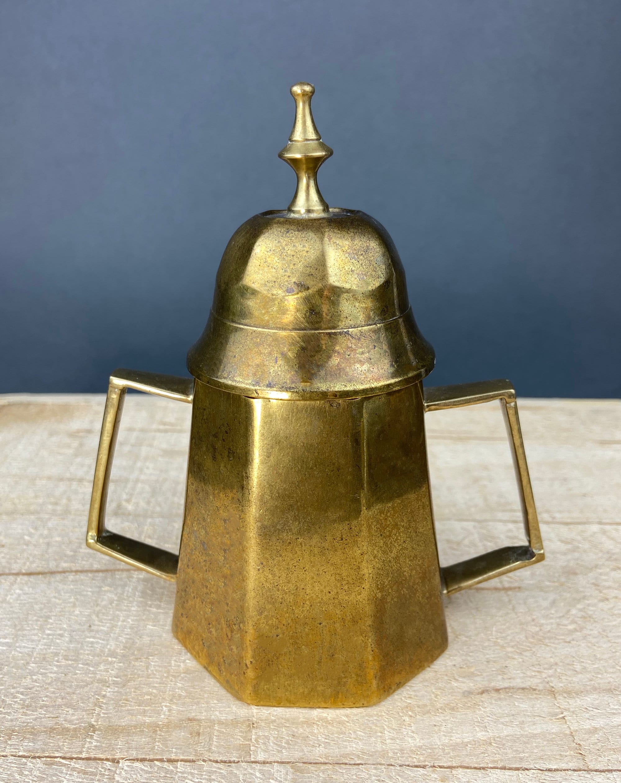 Antique Brass Coffee Set with Coffee Pot, Creamer & Sugar Bowl. Heavy Brass Pots with Handles. Kitchen Accessories.