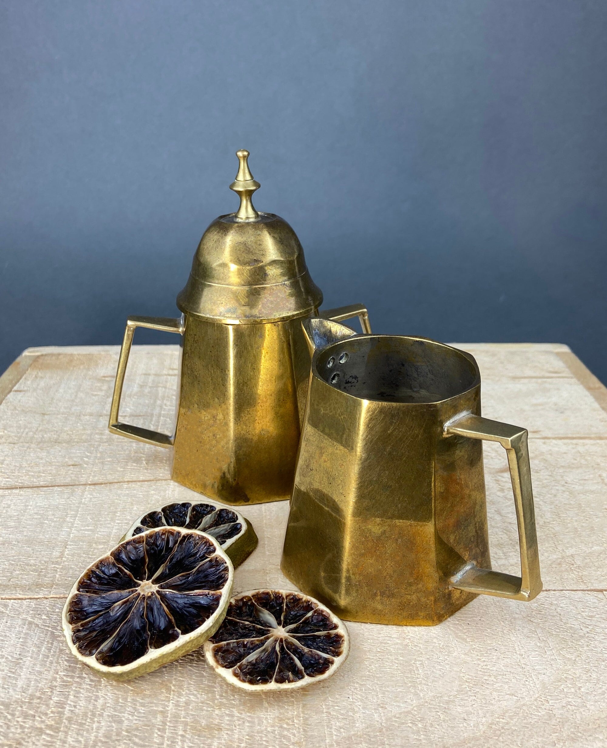 Antique Brass Coffee Set with Coffee Pot, Creamer & Sugar Bowl. Heavy Brass Pots with Handles. Kitchen Accessories.