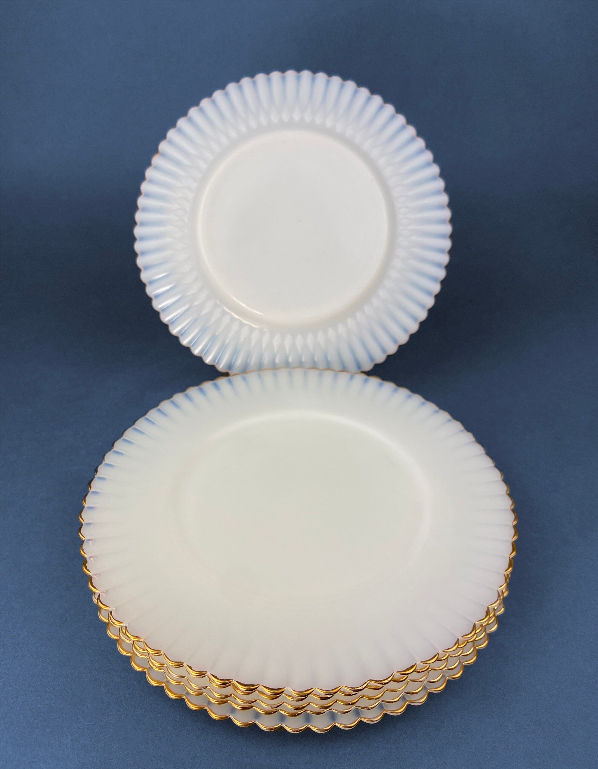 1930s Monax Petalware Opalescent Glass Dinner Plates. White Glass with Gold Rim. Depression Glass 8 Inch Dinner Plates.
