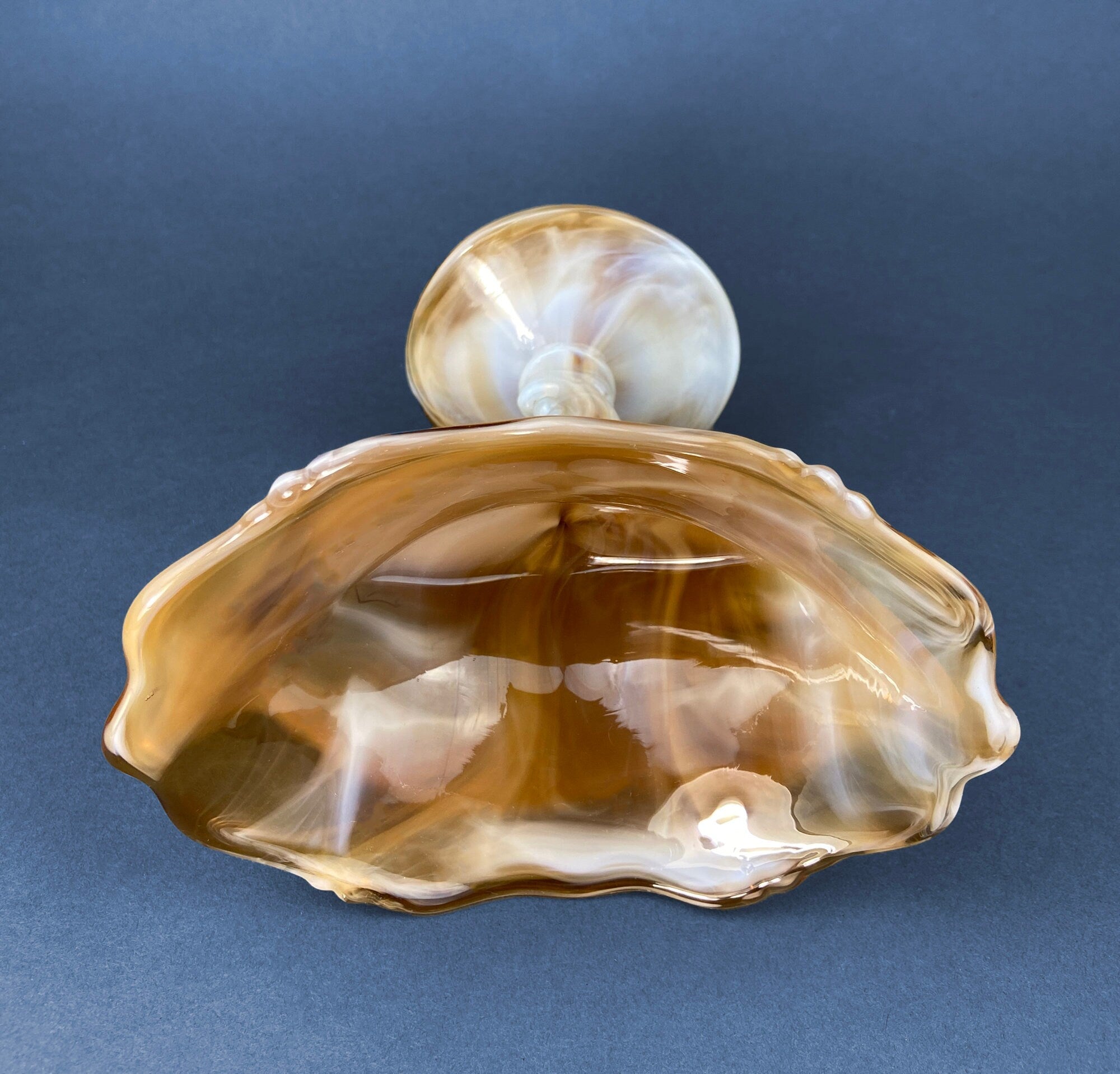 Vintage Slag Glass Footed Bowl. Brown and White Marbled Compote with Floral Base. Candy or Trinket  Dish.