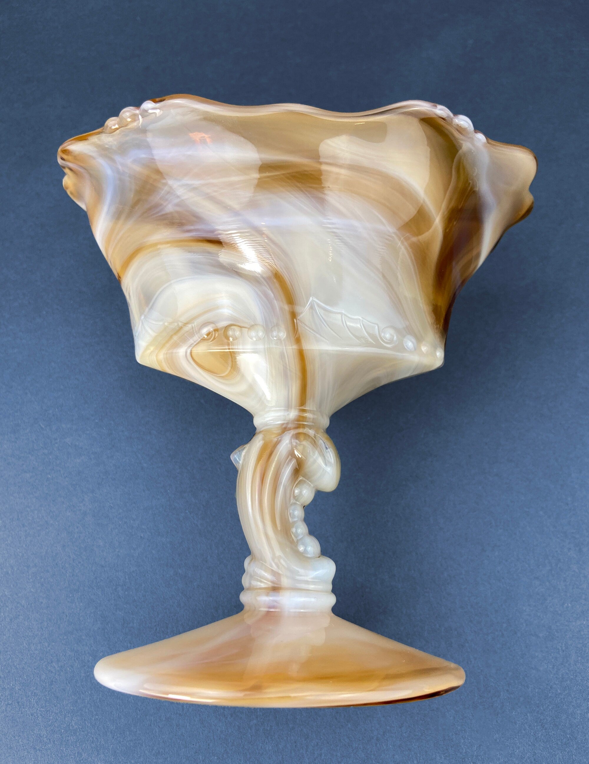 Vintage Slag Glass Footed Bowl. Brown and White Marbled Compote with Floral Base. Candy or Trinket  Dish.
