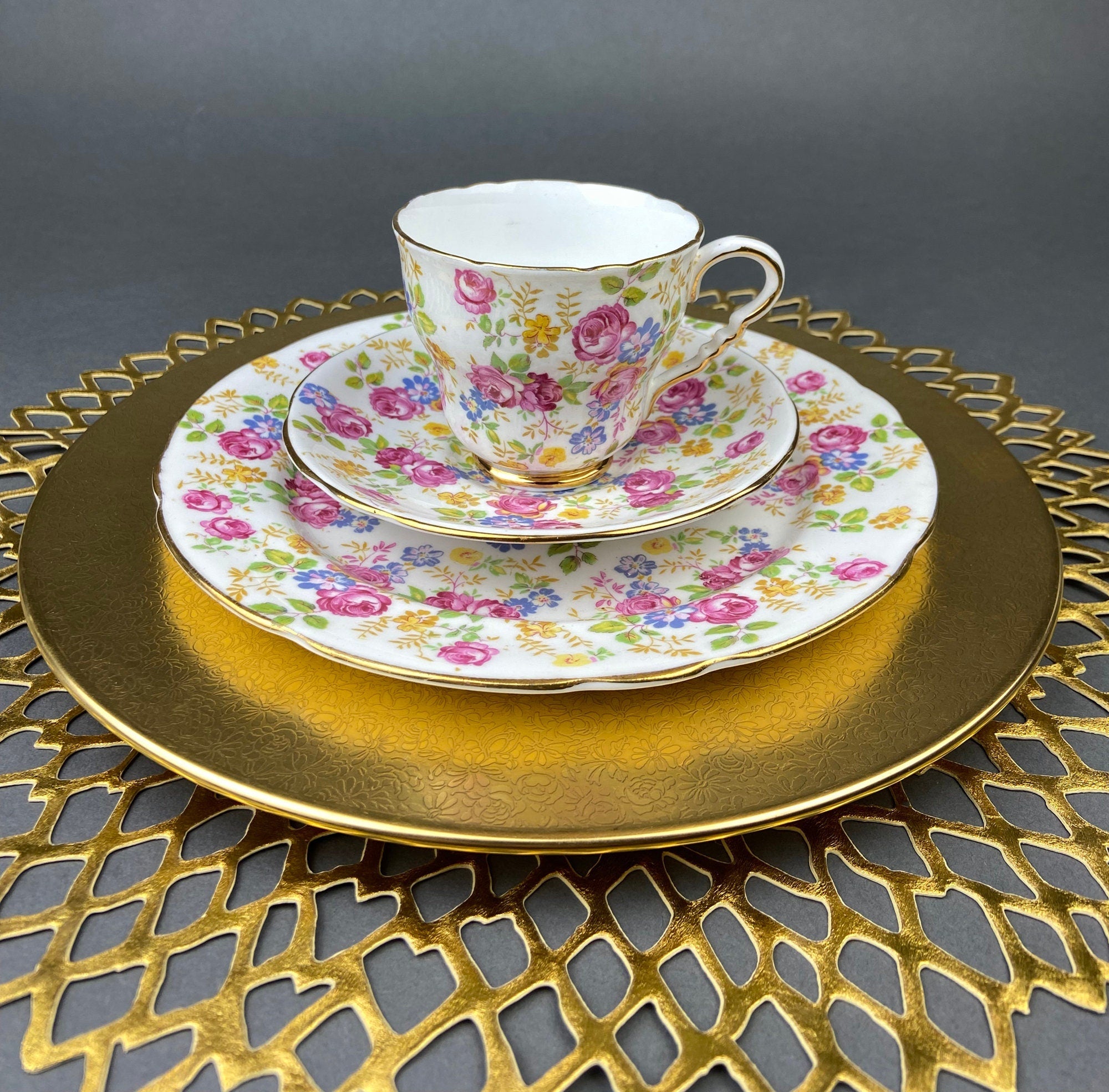 Antique Limoges Porcelain Tea Set/Trio. Teacup, Saucer & Bread/Butter Plate. Silver Anniversary. White China with Gold Rim, Haviland, France