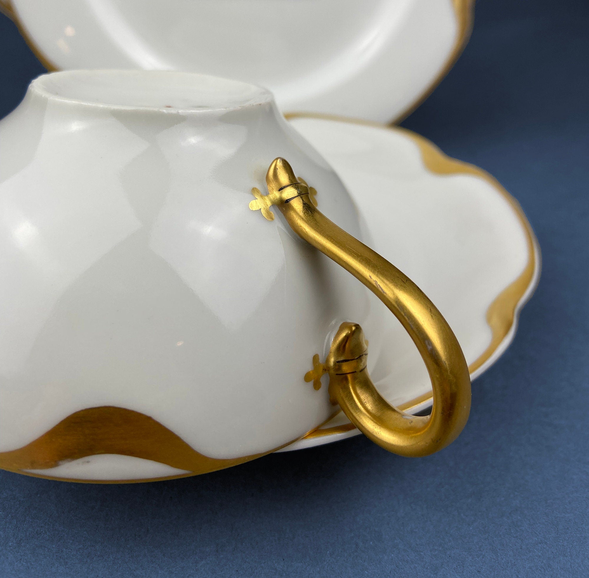 Antique Limoges Porcelain Tea Set/Trio. Teacup, Saucer & Bread/Butter Plate. Silver Anniversary. White China with Gold Rim, Haviland, France