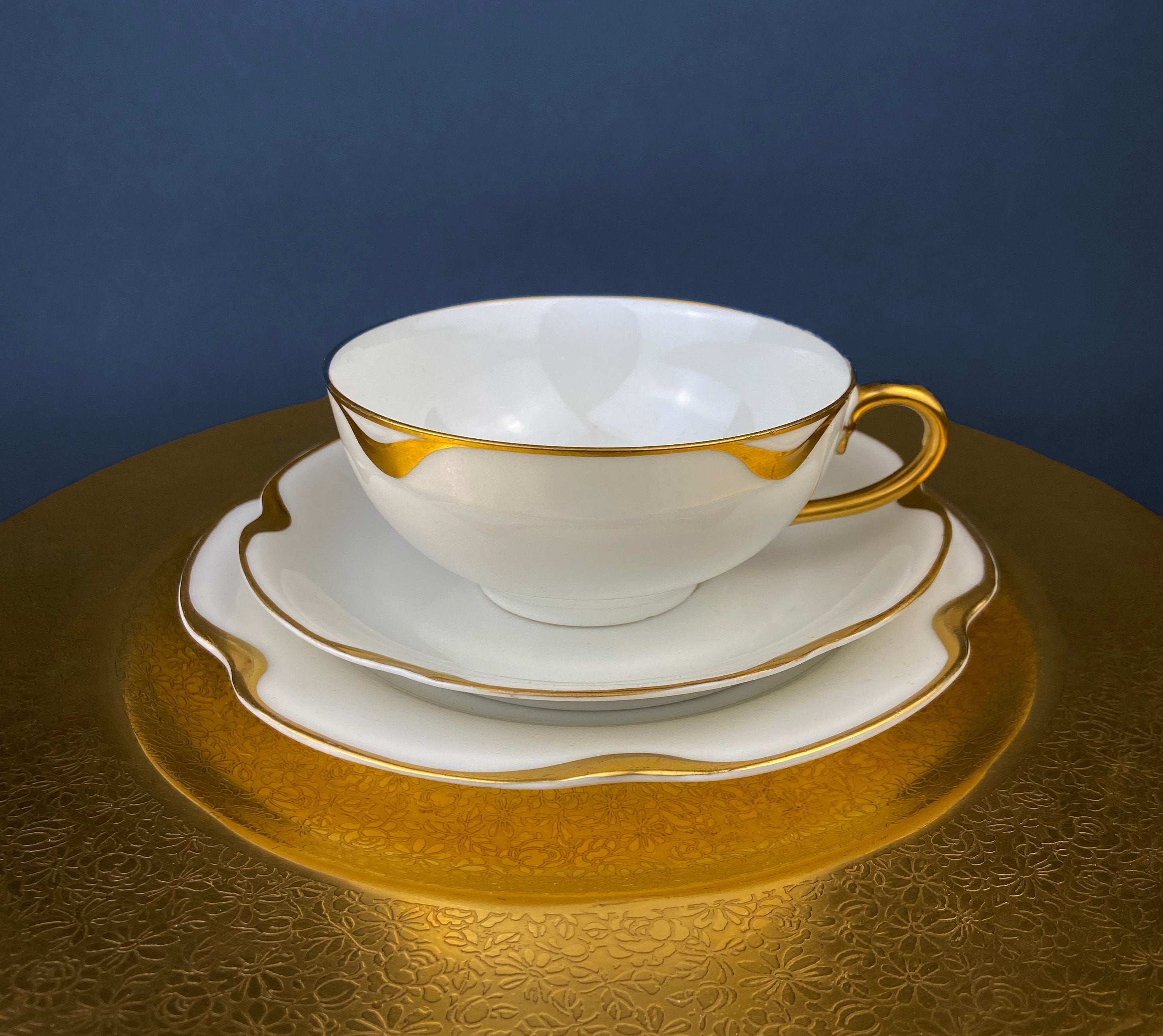 Antique Limoges Porcelain Tea Set/Trio. Teacup, Saucer & Bread/Butter Plate. Silver Anniversary. White China with Gold Rim, Haviland, France