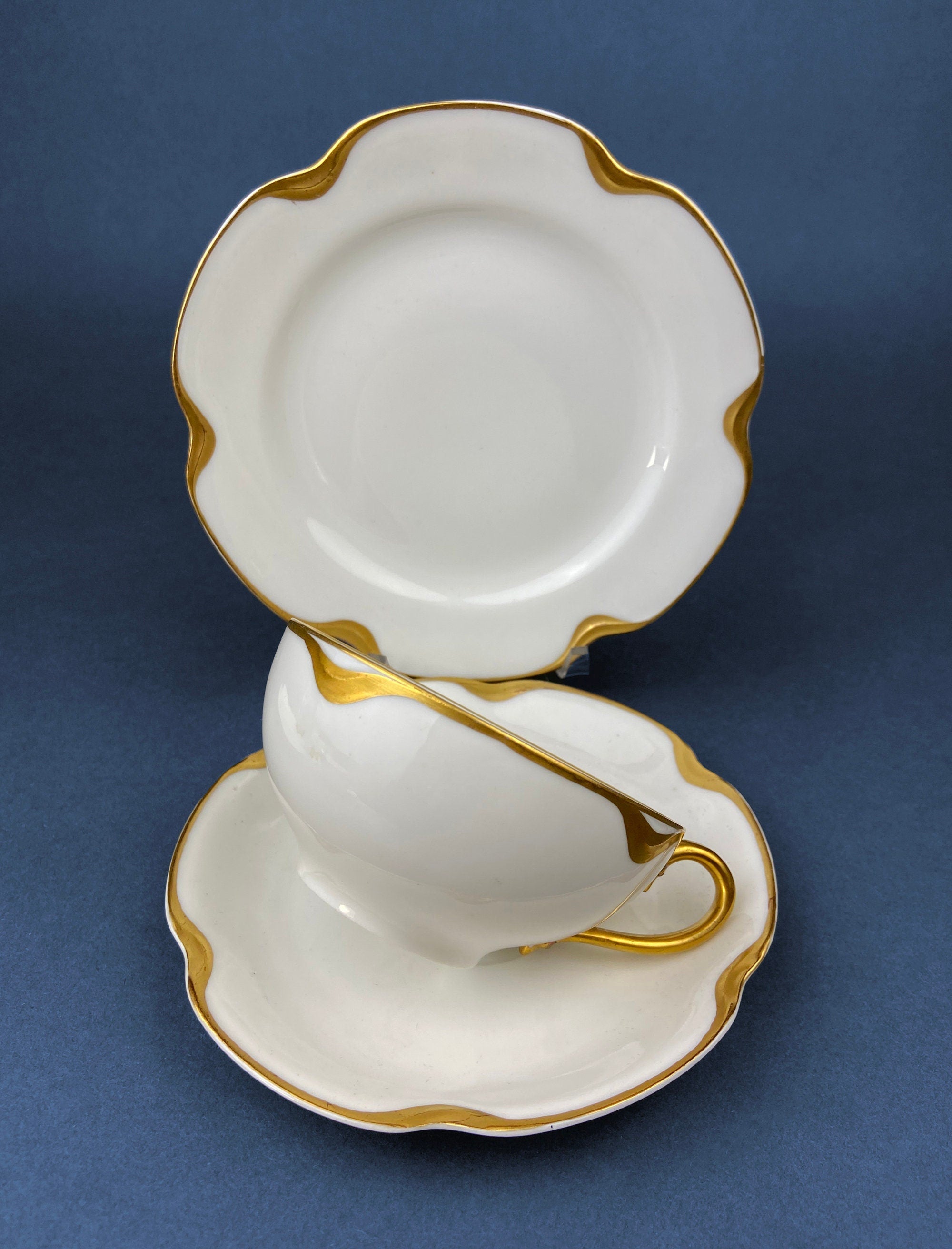 Antique Limoges Porcelain Tea Set/Trio. Teacup, Saucer & Bread/Butter Plate. Silver Anniversary. White China with Gold Rim, Haviland, France