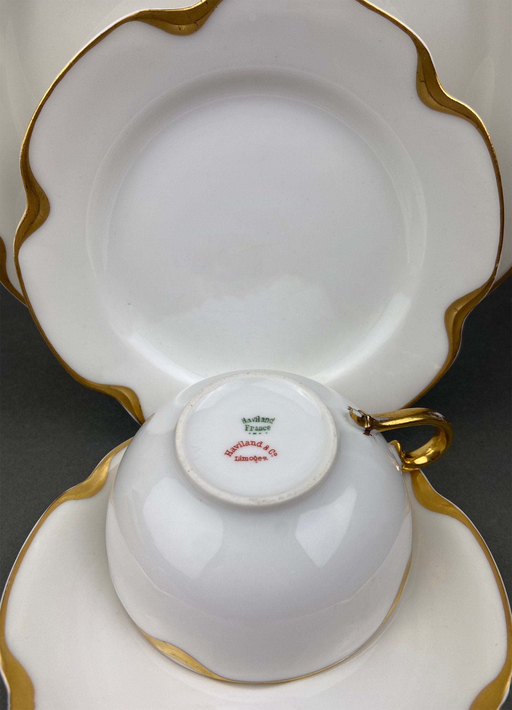 Antique Limoges Porcelain Tea Set/Trio. Teacup, Saucer & Bread/Butter Plate. Silver Anniversary. White China with Gold Rim, Haviland, France