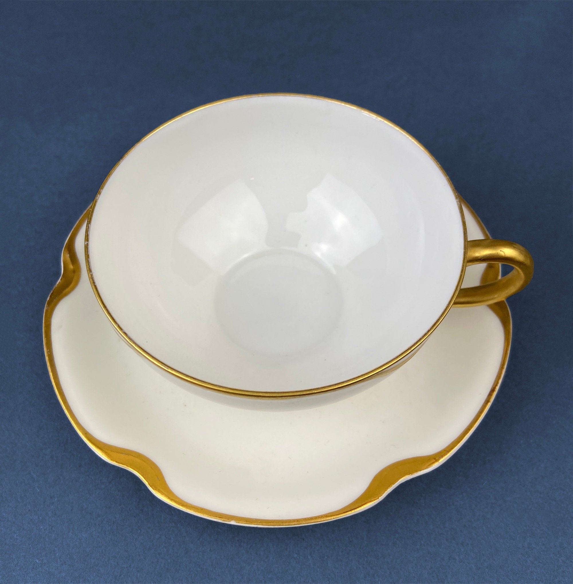 Antique Limoges Porcelain Tea Set/Trio. Teacup, Saucer & Bread/Butter Plate. Silver Anniversary. White China with Gold Rim, Haviland, France
