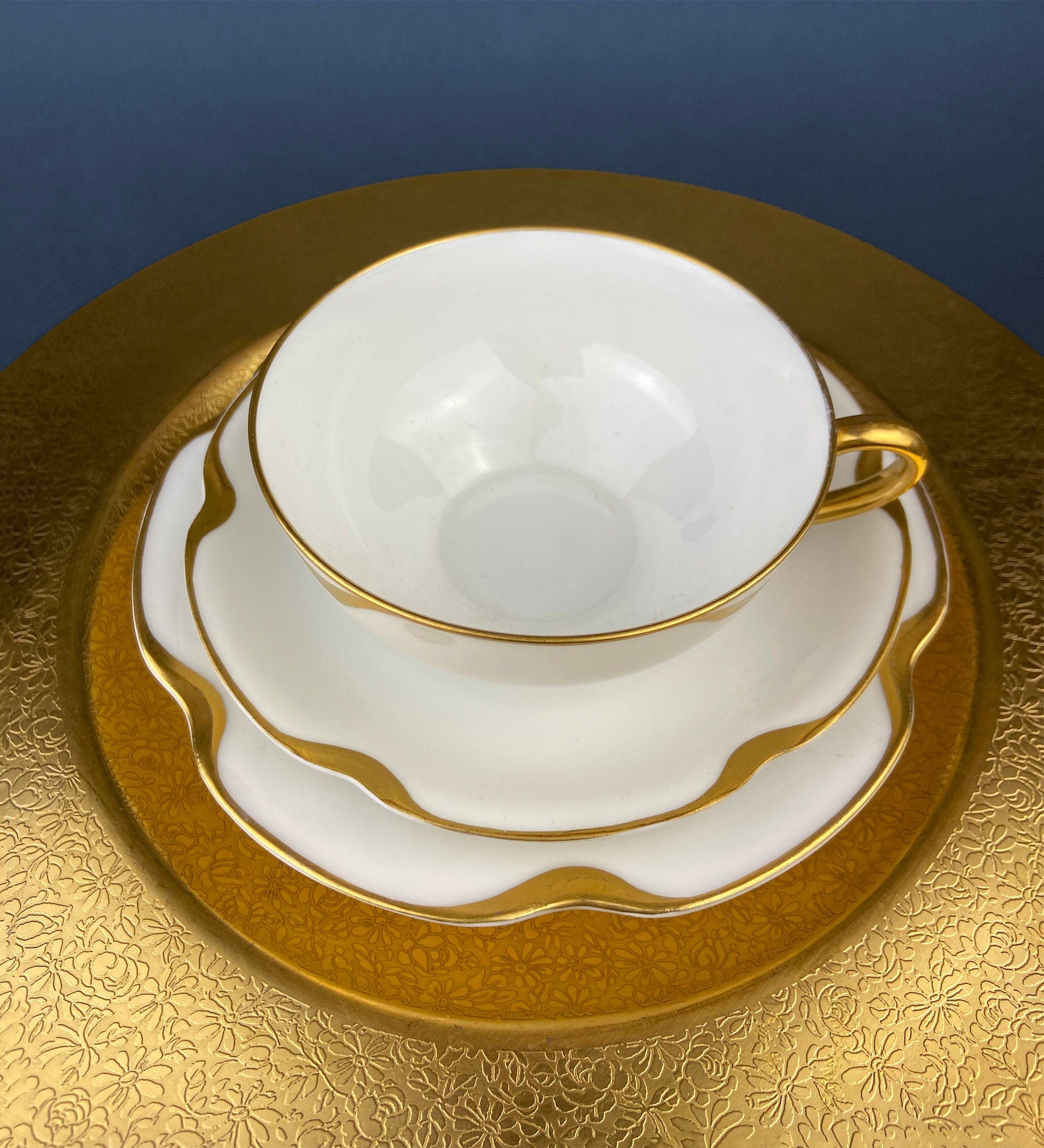 Antique Limoges Porcelain Tea Set/Trio. Teacup, Saucer & Bread/Butter Plate. Silver Anniversary. White China with Gold Rim, Haviland, France
