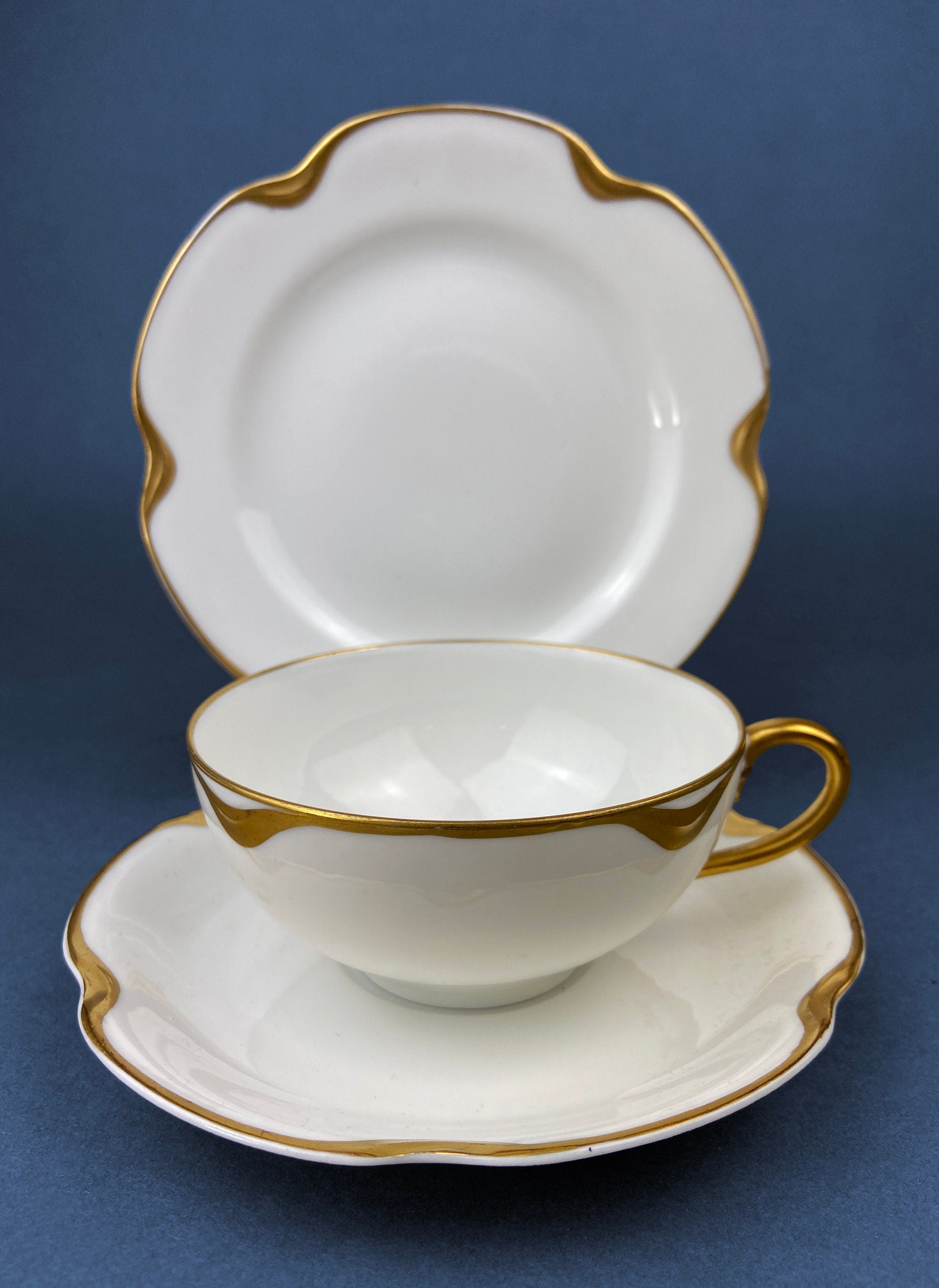 Antique Limoges Porcelain Tea Set/Trio. Teacup, Saucer & Bread/Butter Plate. Silver Anniversary. White China with Gold Rim, Haviland, France