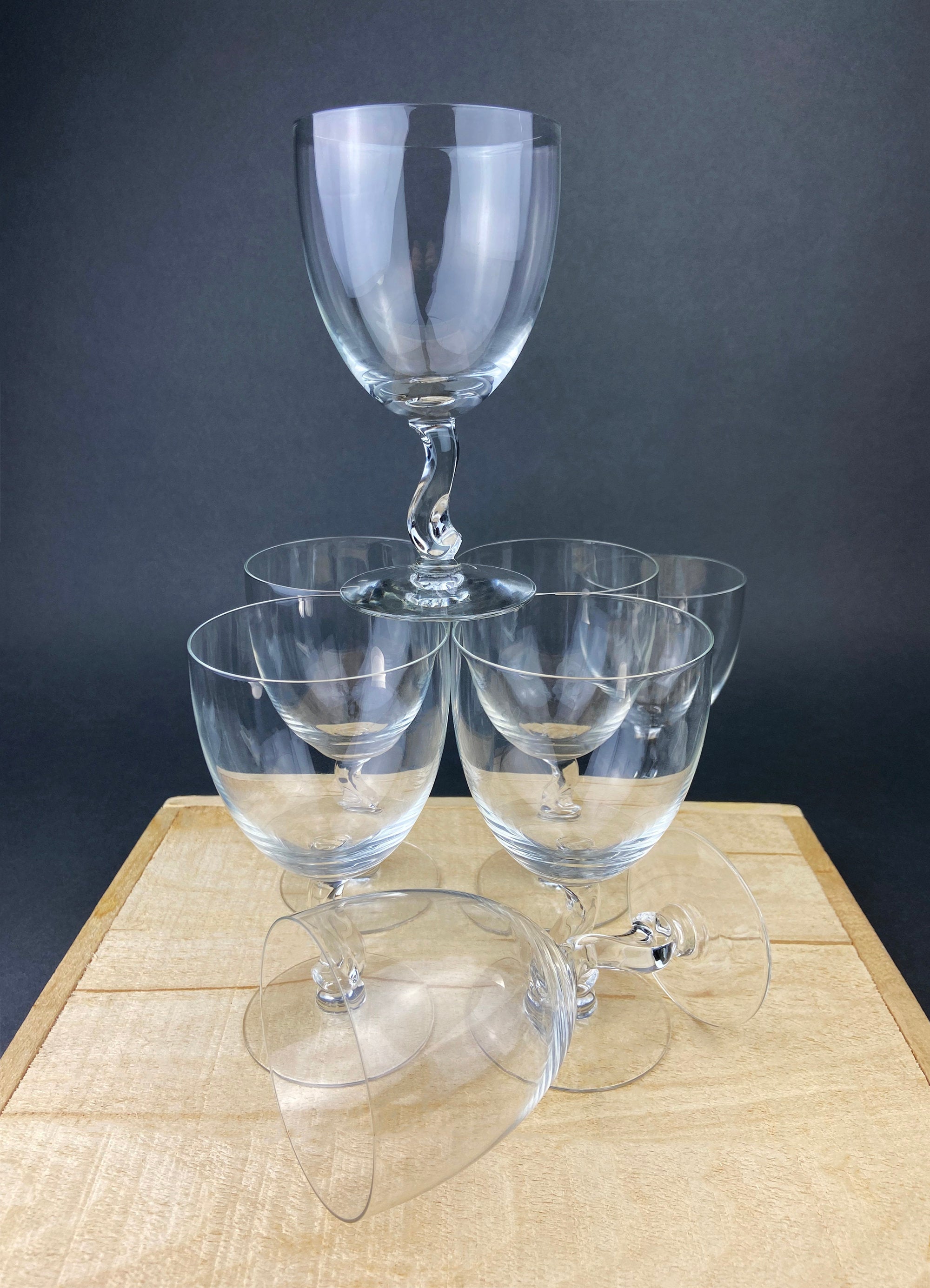 Fostoria Contour Clear Crystal Goblets with S-Shaped Stem. Set of Seven Water or Juice Stemware.  Luxurious Barware. Gift for Him.
