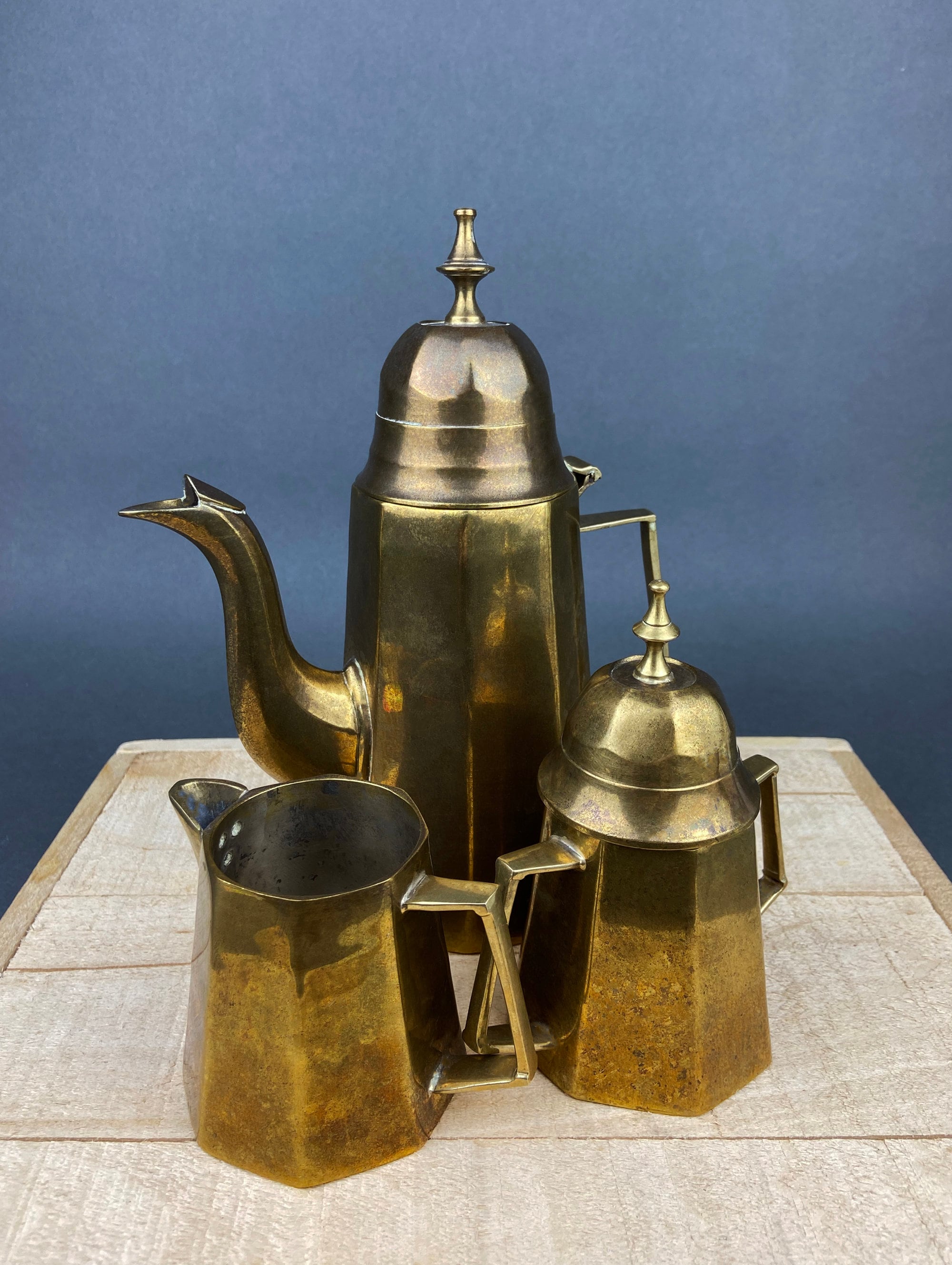 Antique Brass Coffee Set with Coffee Pot, Creamer & Sugar Bowl. Heavy Brass Pots with Handles. Kitchen Accessories.