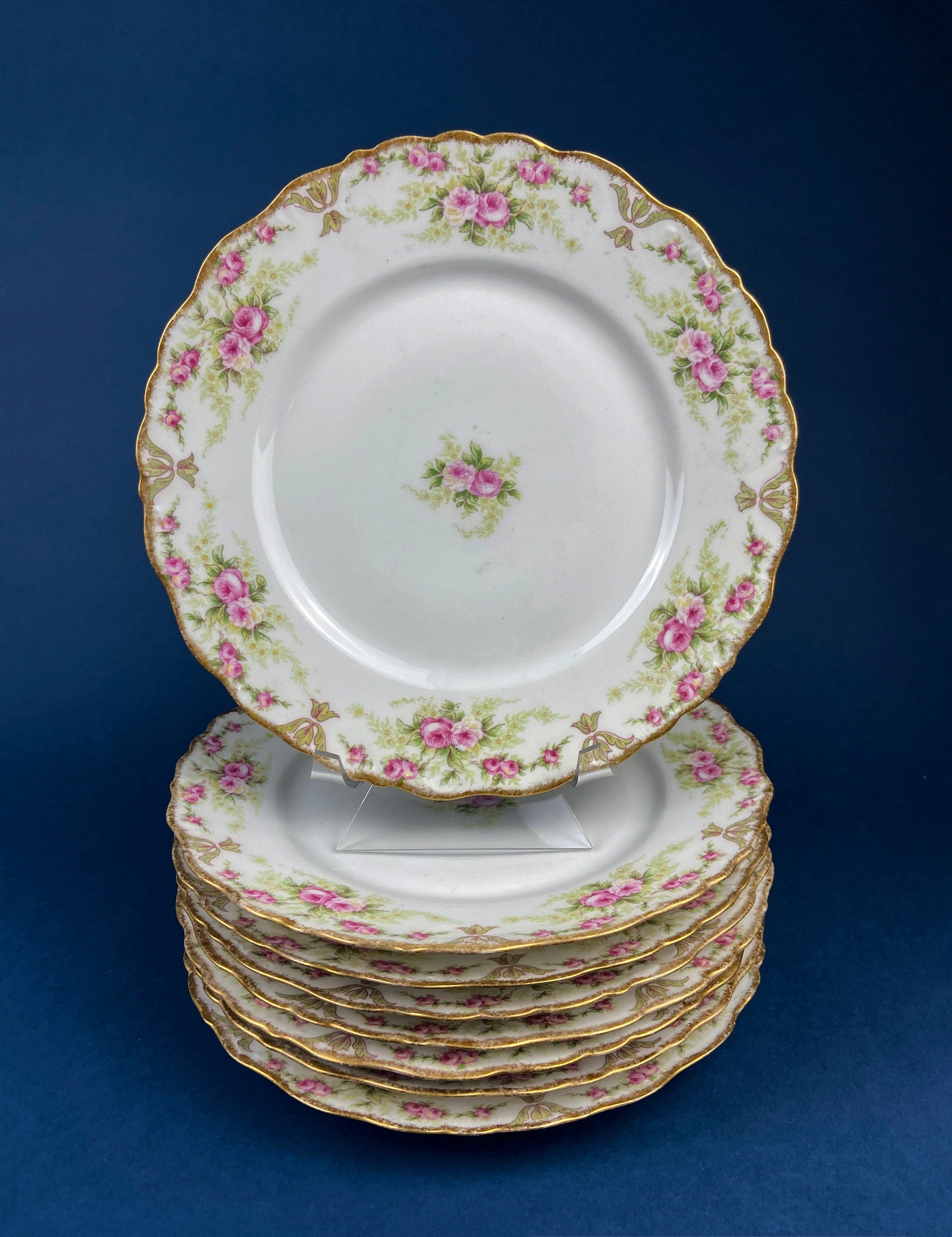 Royal Limoges Dessert Plates (Set of 4): Antique Hand-Painted Rose Garland, Made in France