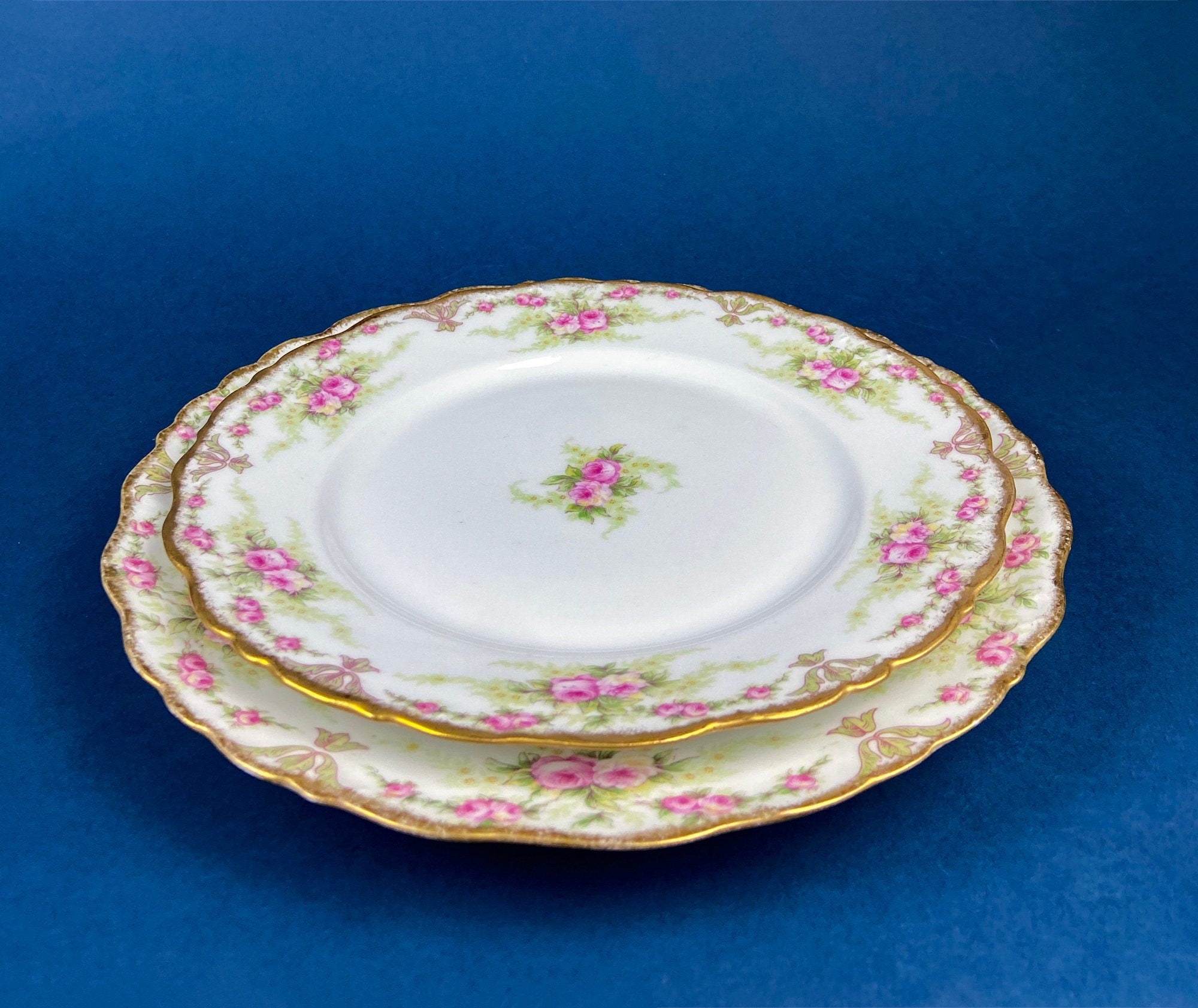 Royal Limoges Dessert Plates (Set of 4): Antique Hand-Painted Rose Garland, Made in France