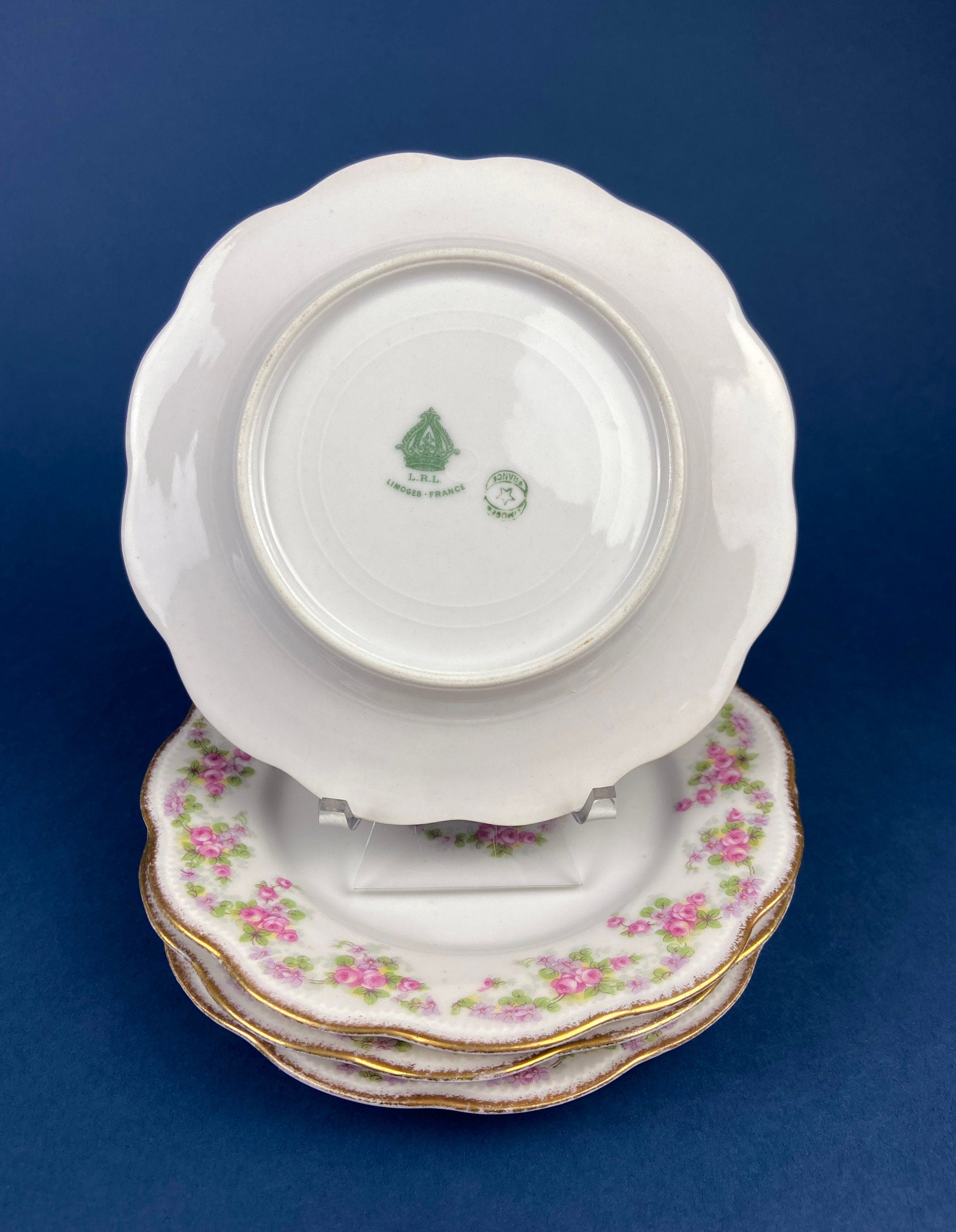 Royal Limoges Dessert Plates (Set of 4): Antique Hand-Painted Rose Garland, Made in France