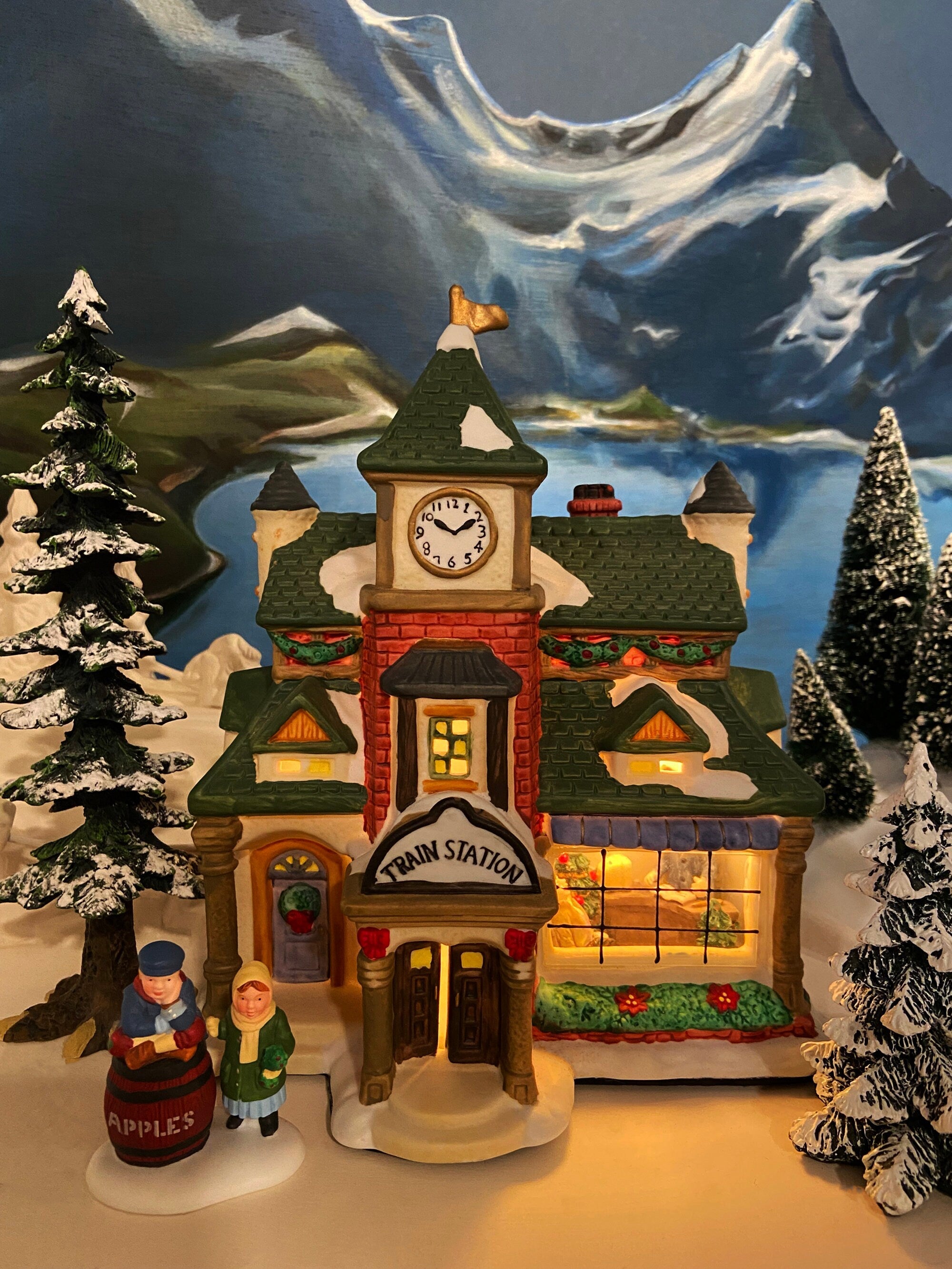 Porcelain Train Station with Clock Tower. Illuminated Christmas Village House. Not Marked by Manufacturer. Holiday Decor.