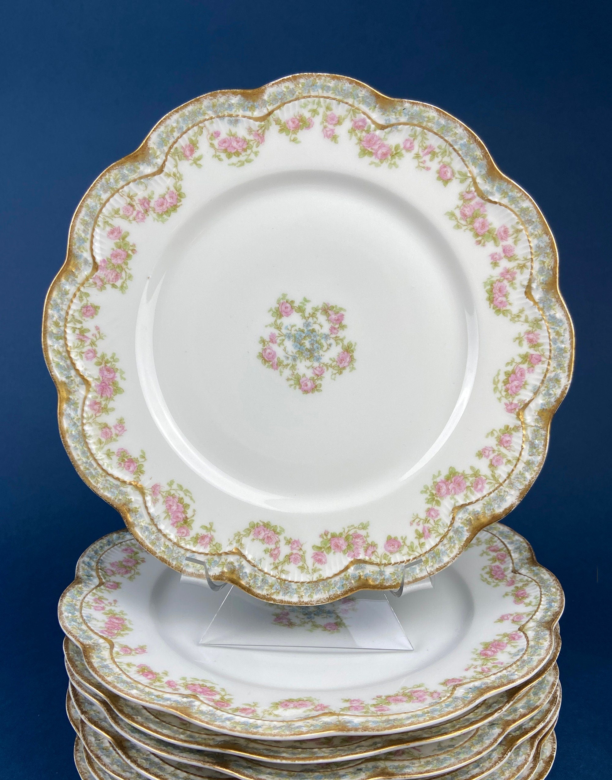 Royal Limoges Dessert Plates (Set of 4): Antique Hand-Painted Rose Garland, Made in France
