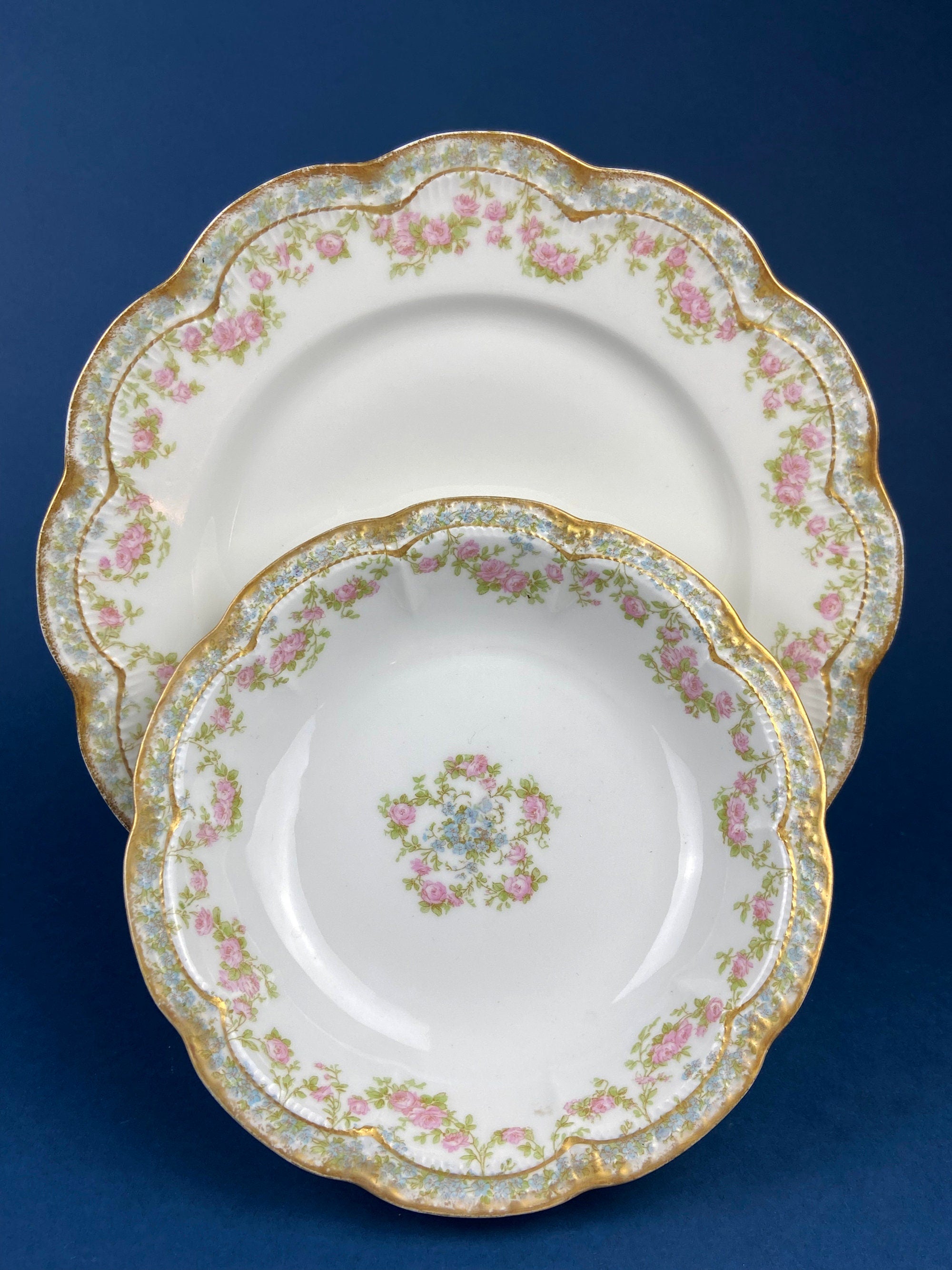 Royal Limoges Dessert Plates (Set of 4): Antique Hand-Painted Rose Garland, Made in France