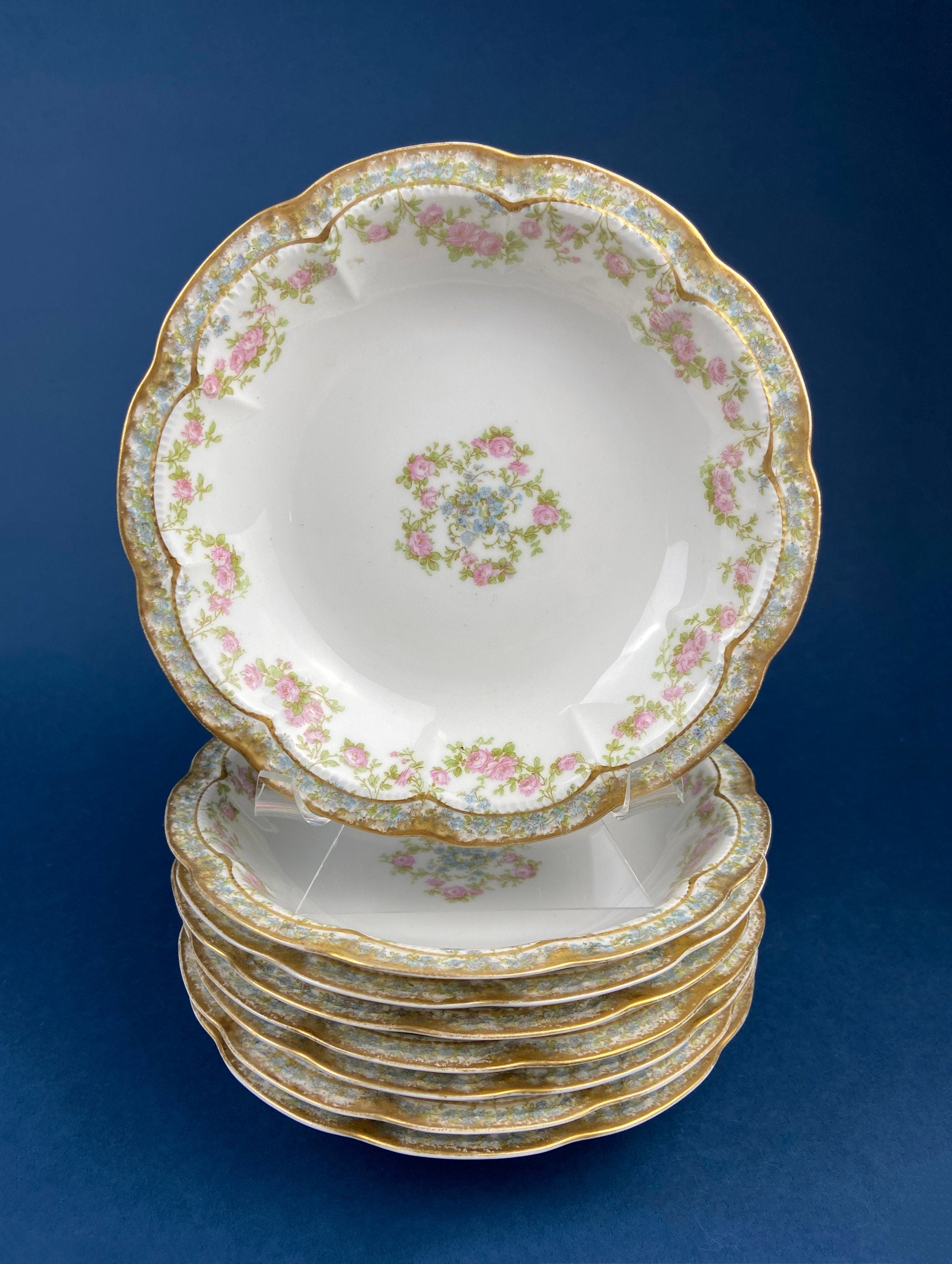 Royal Limoges Dessert Plates (Set of 4): Antique Hand-Painted Rose Garland, Made in France