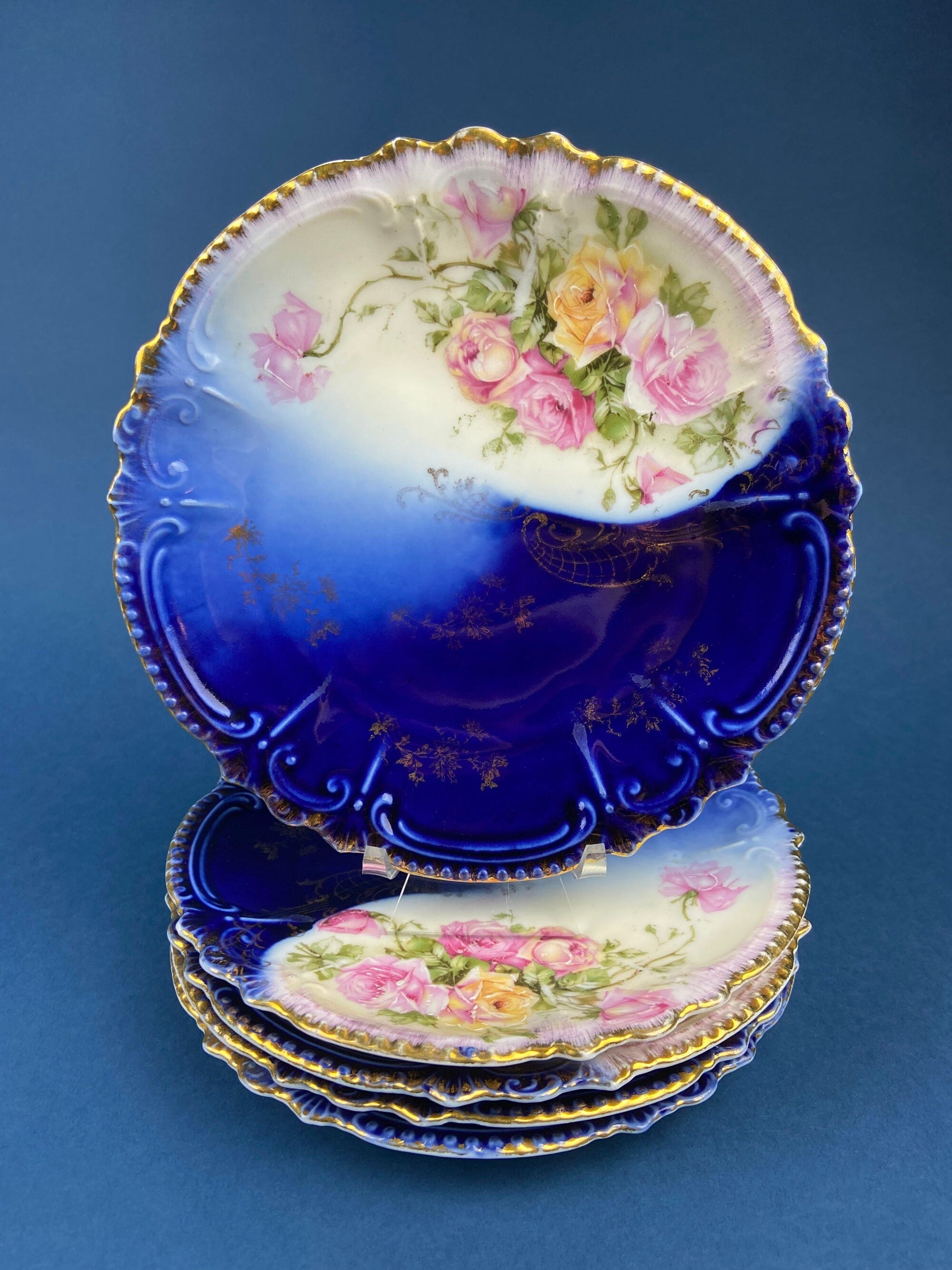 6" Salad or Dessert Plates. Set of Four Antique Royal Bavarian, Hand Painted Cobalt Blue With Women Holding Flowers. Collectible Porcelain.