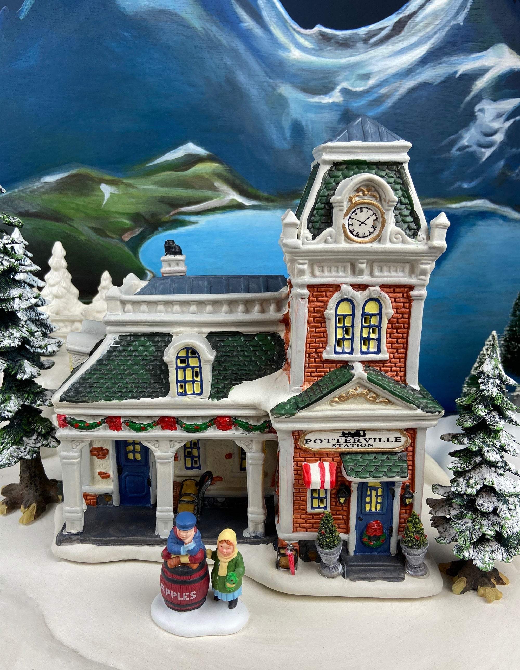 Porcelain Train Station with Clock Tower. Illuminated Christmas Village House. Not Marked by Manufacturer. Holiday Decor.