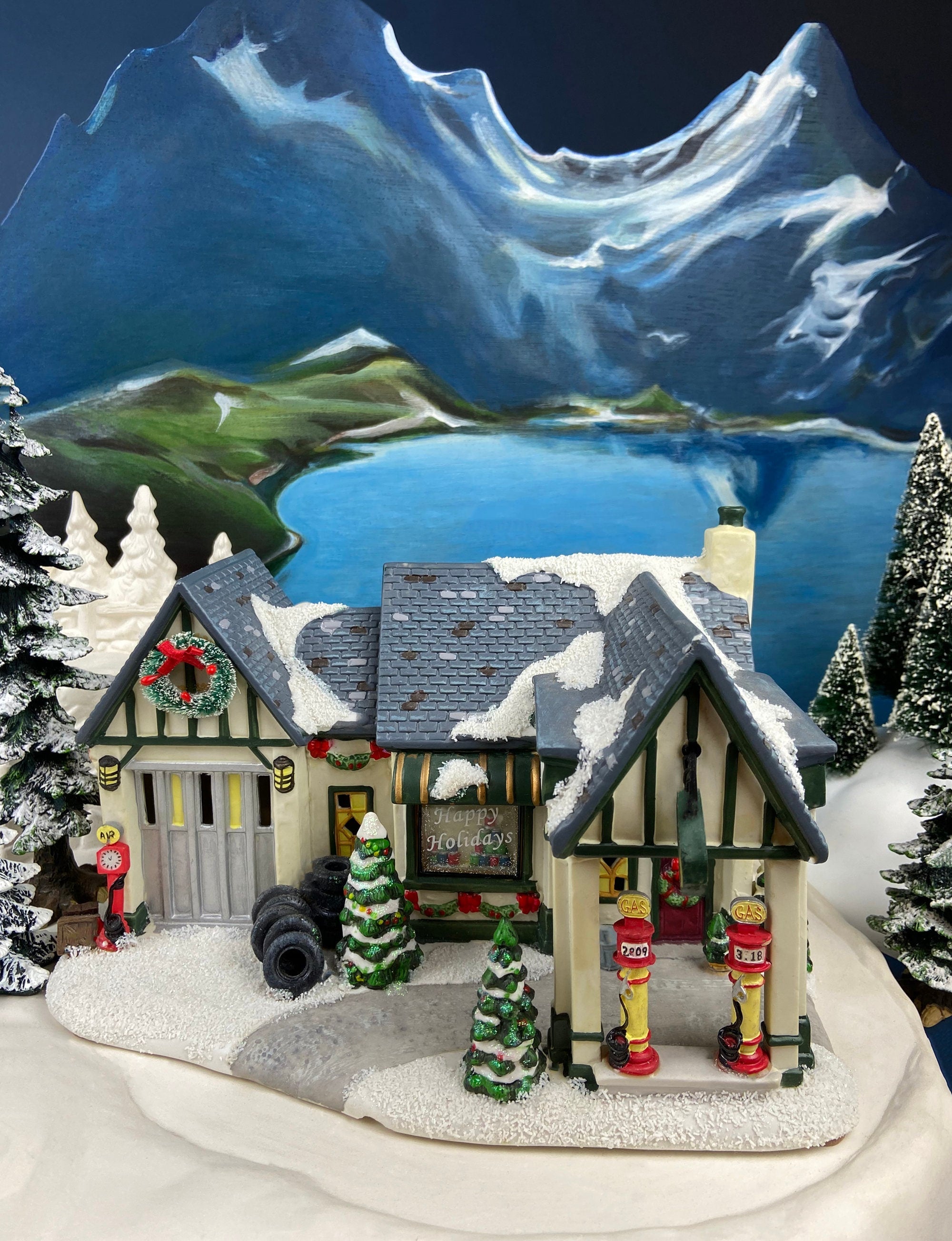 Porcelain Train Station with Clock Tower. Illuminated Christmas Village House. Not Marked by Manufacturer. Holiday Decor.