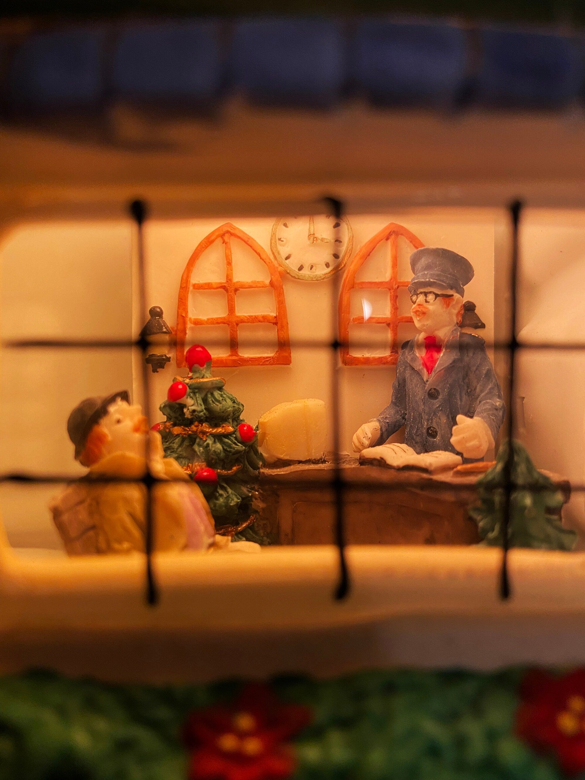 Porcelain Train Station with Clock Tower. Illuminated Christmas Village House. Not Marked by Manufacturer. Holiday Decor.