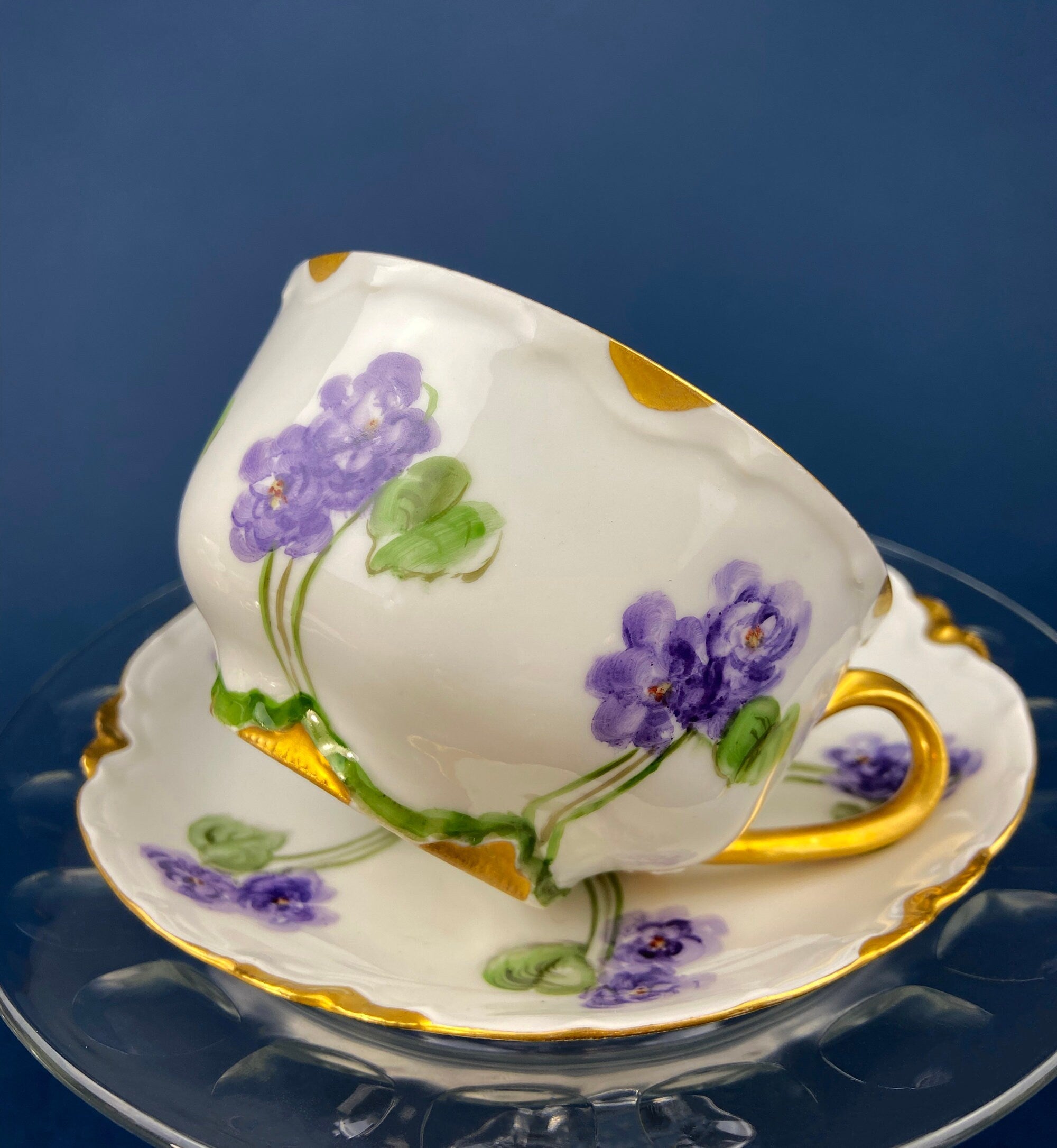 Antique Tea Cup and Saucer with Violets. Hand-Painted Porcelain by Haviland, France. Violet Clusters Motif. Highly Collectible.