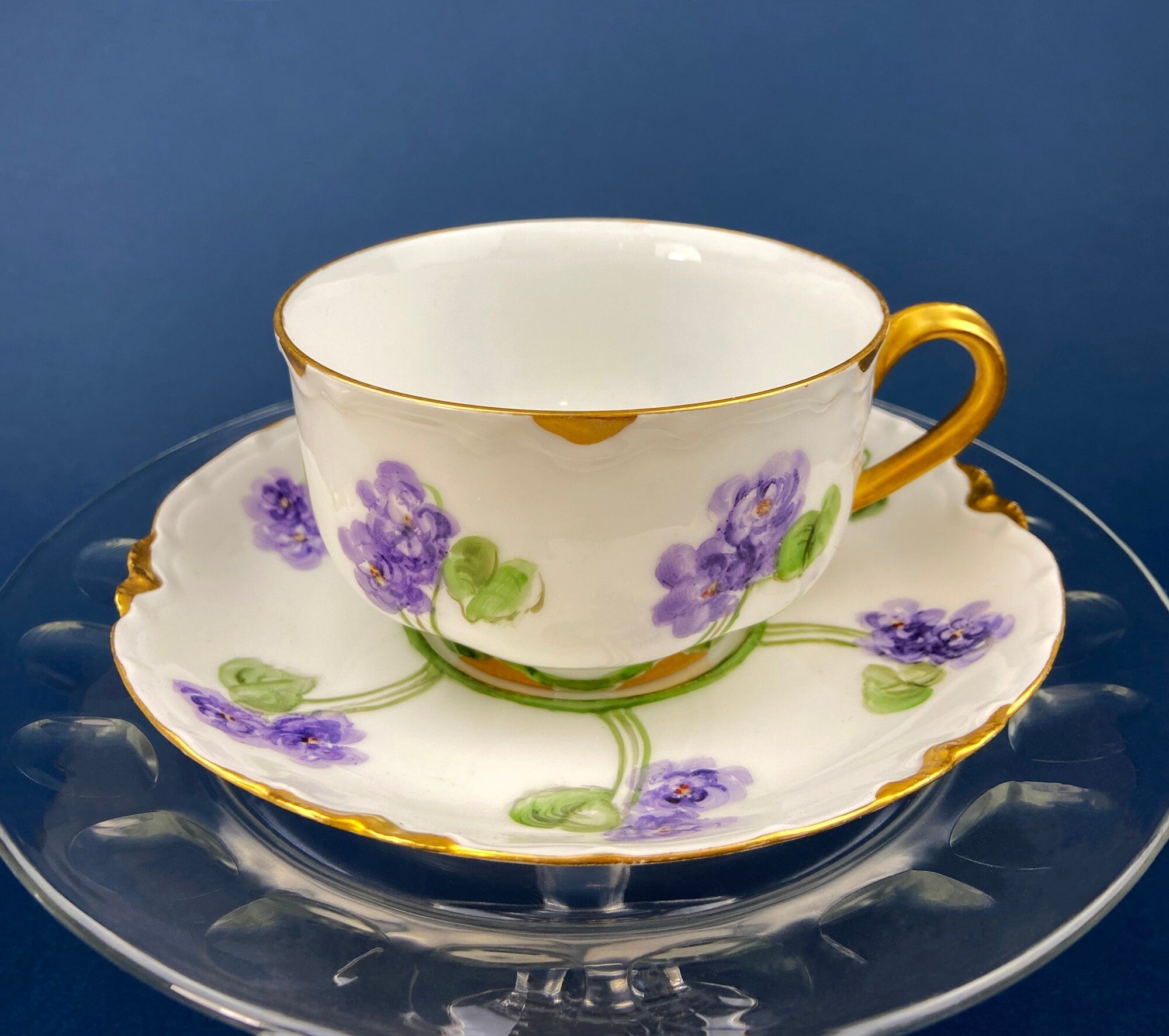 Antique Tea Cup and Saucer with Violets. Hand-Painted Porcelain by Haviland, France. Violet Clusters Motif. Highly Collectible.