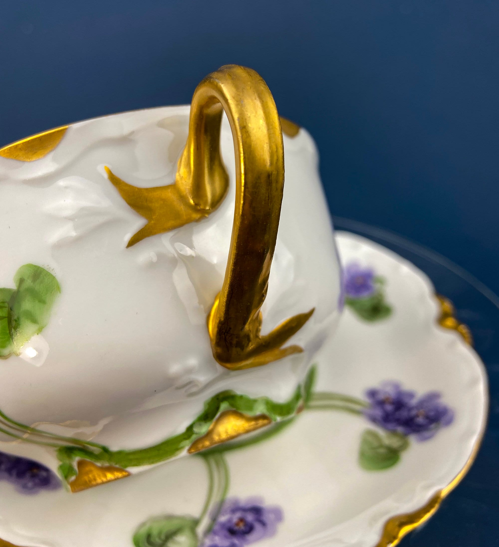 Antique Tea Cup and Saucer with Violets. Hand-Painted Porcelain by Haviland, France. Violet Clusters Motif. Highly Collectible.