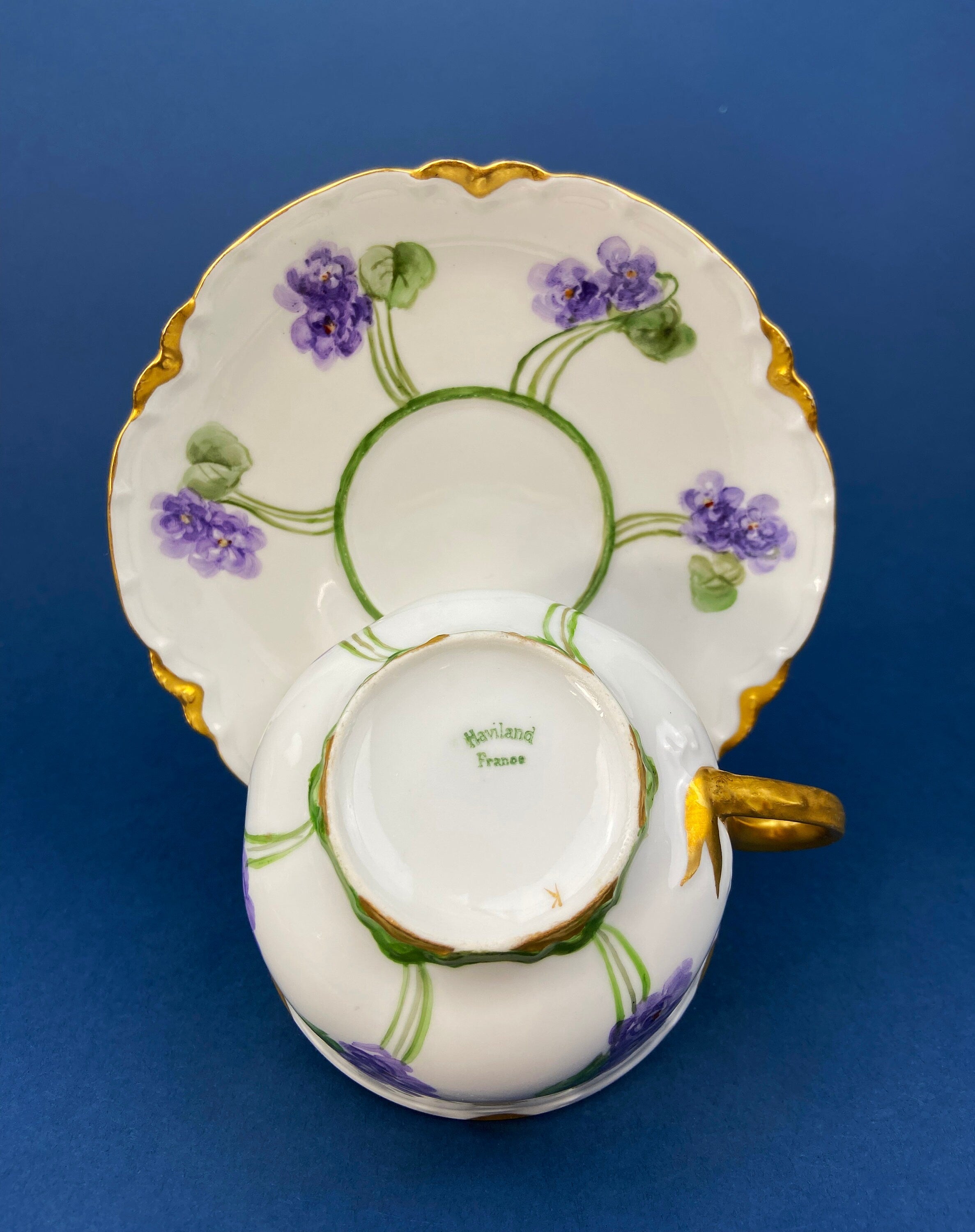 Antique Tea Cup and Saucer with Violets. Hand-Painted Porcelain by Haviland, France. Violet Clusters Motif. Highly Collectible.