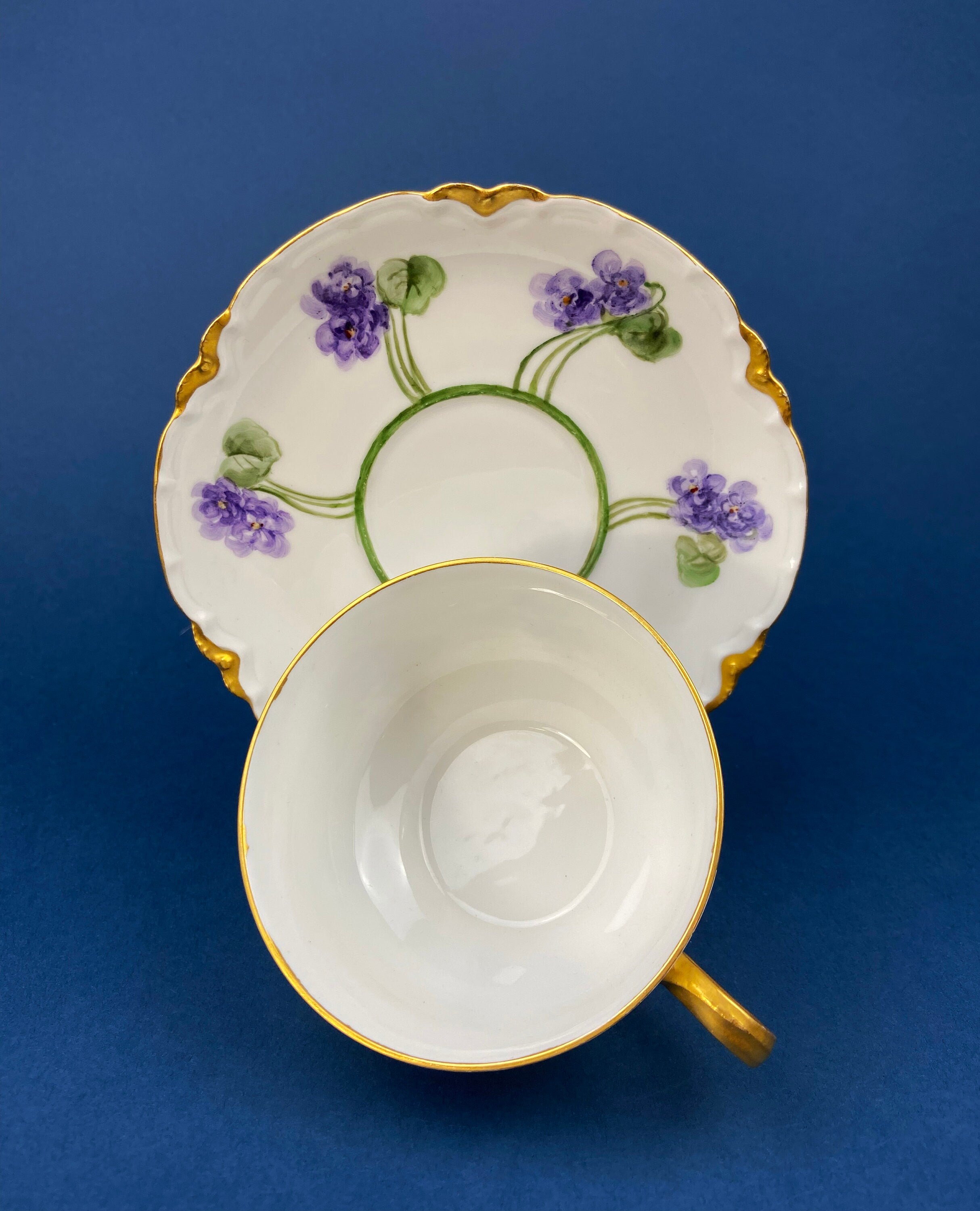 Antique Tea Cup and Saucer with Violets. Hand-Painted Porcelain by Haviland, France. Violet Clusters Motif. Highly Collectible.