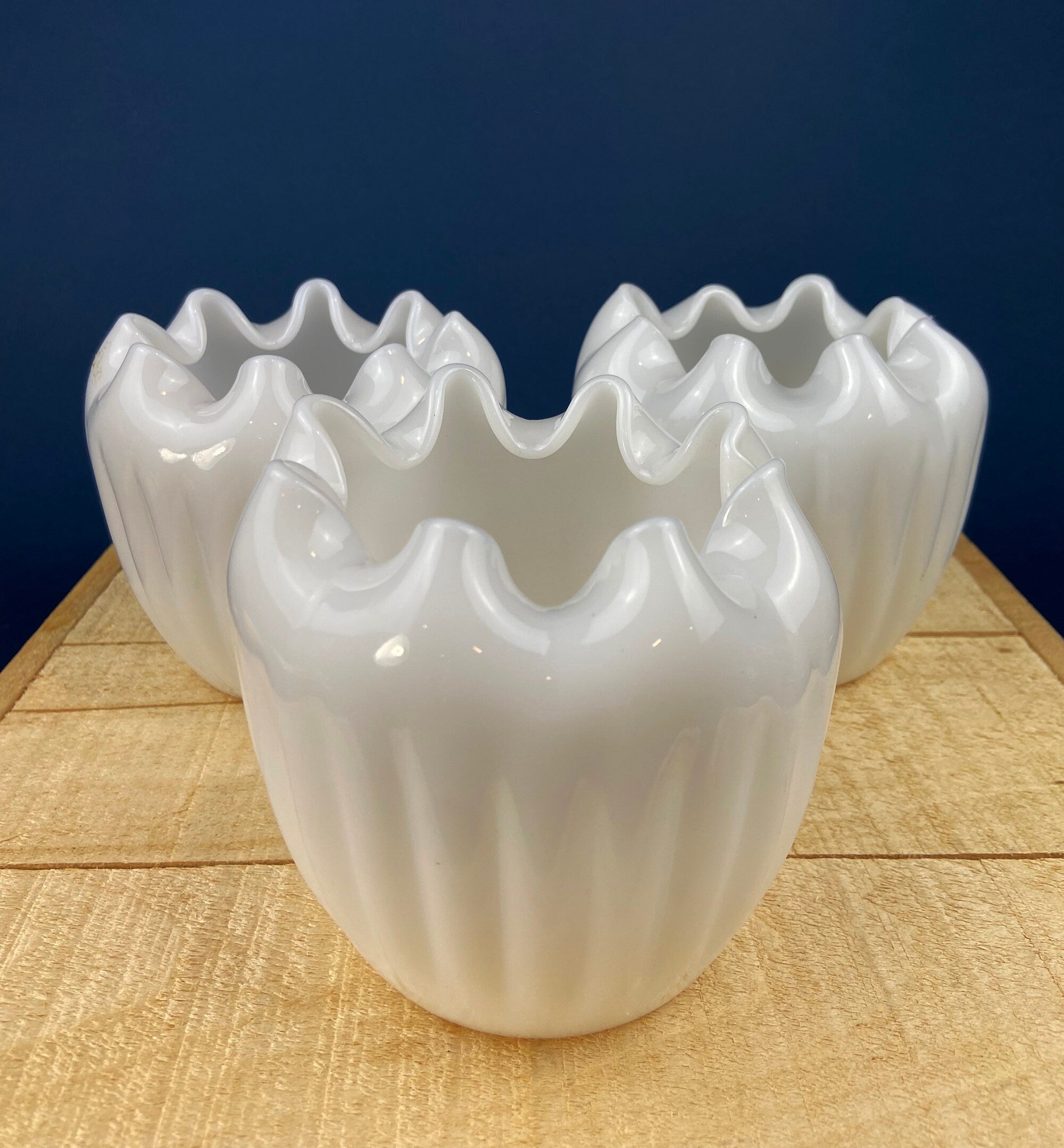 Milk Glass Planter or Vase. Vintage White Flower Pot with Ribbed Pattern and Pinched Rim. Window Sill Herbal Garden.