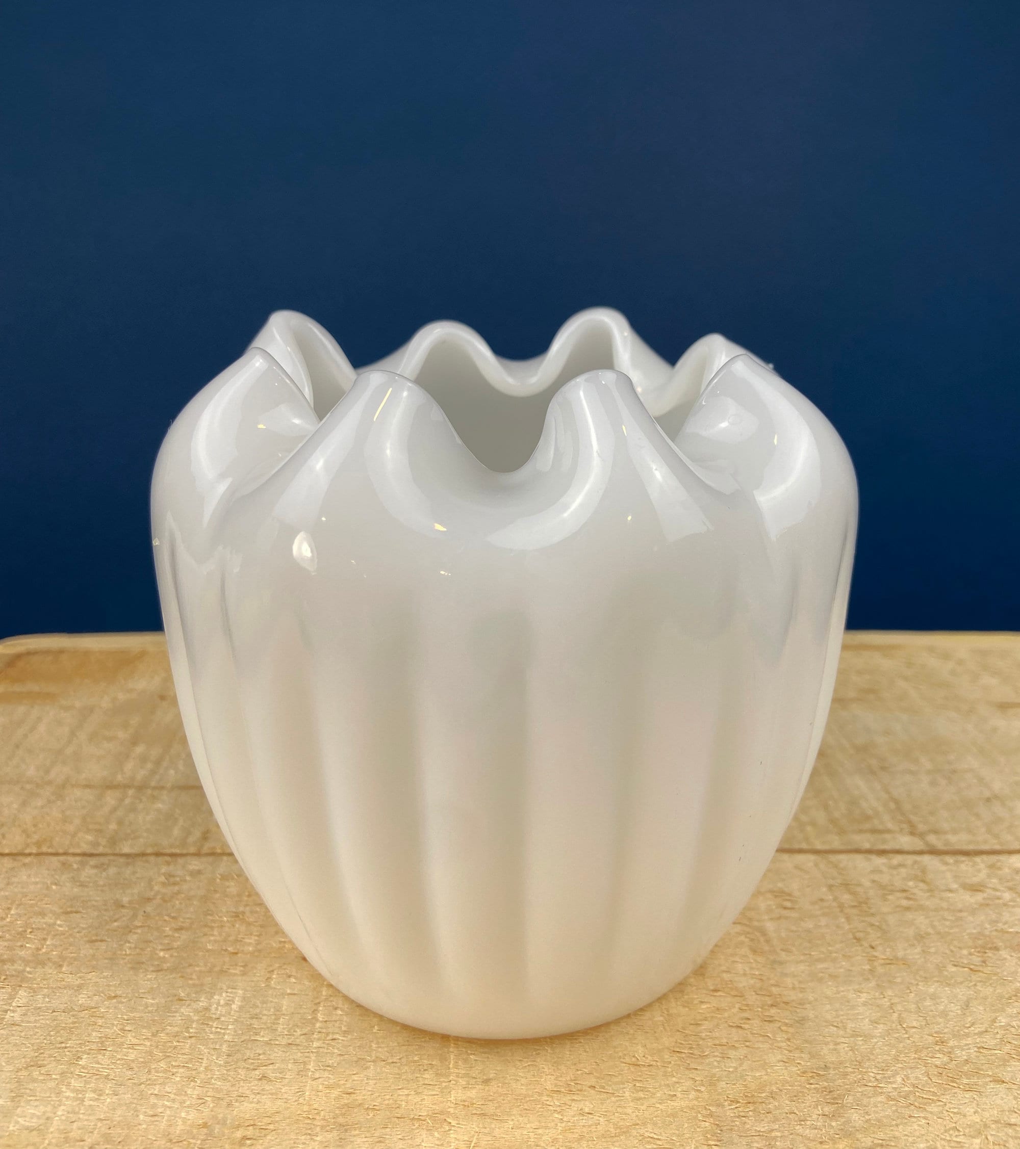 Milk Glass Planter or Vase. Vintage White Flower Pot with Ribbed Pattern and Pinched Rim. Window Sill Herbal Garden.