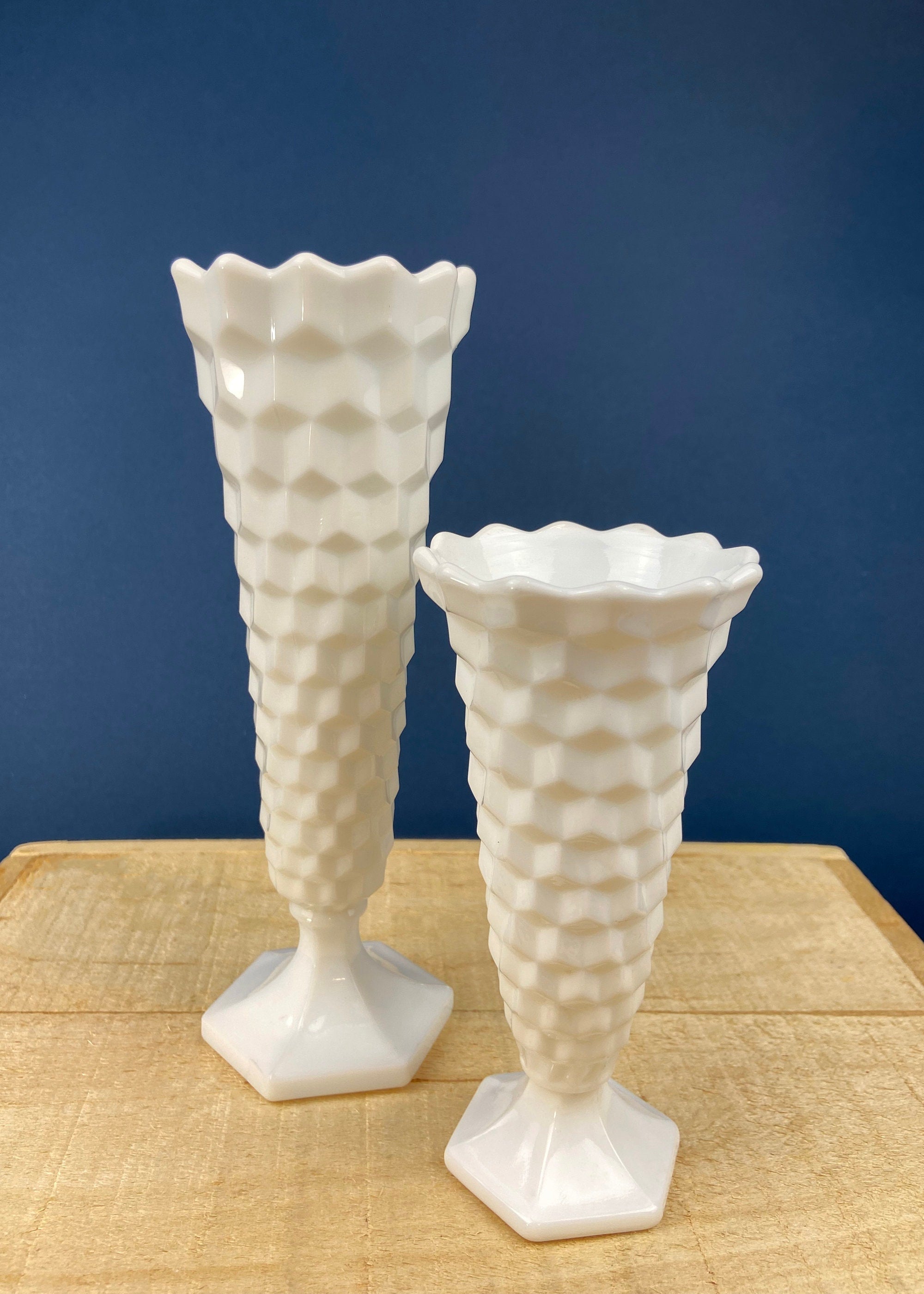 Vintage 6" White Trumpet Vase. Milk Glass, Raised Pattern. Dots, Stars, Flowers, and Scalloped Edge. Small Footed Milk Glass Flute Vase.
