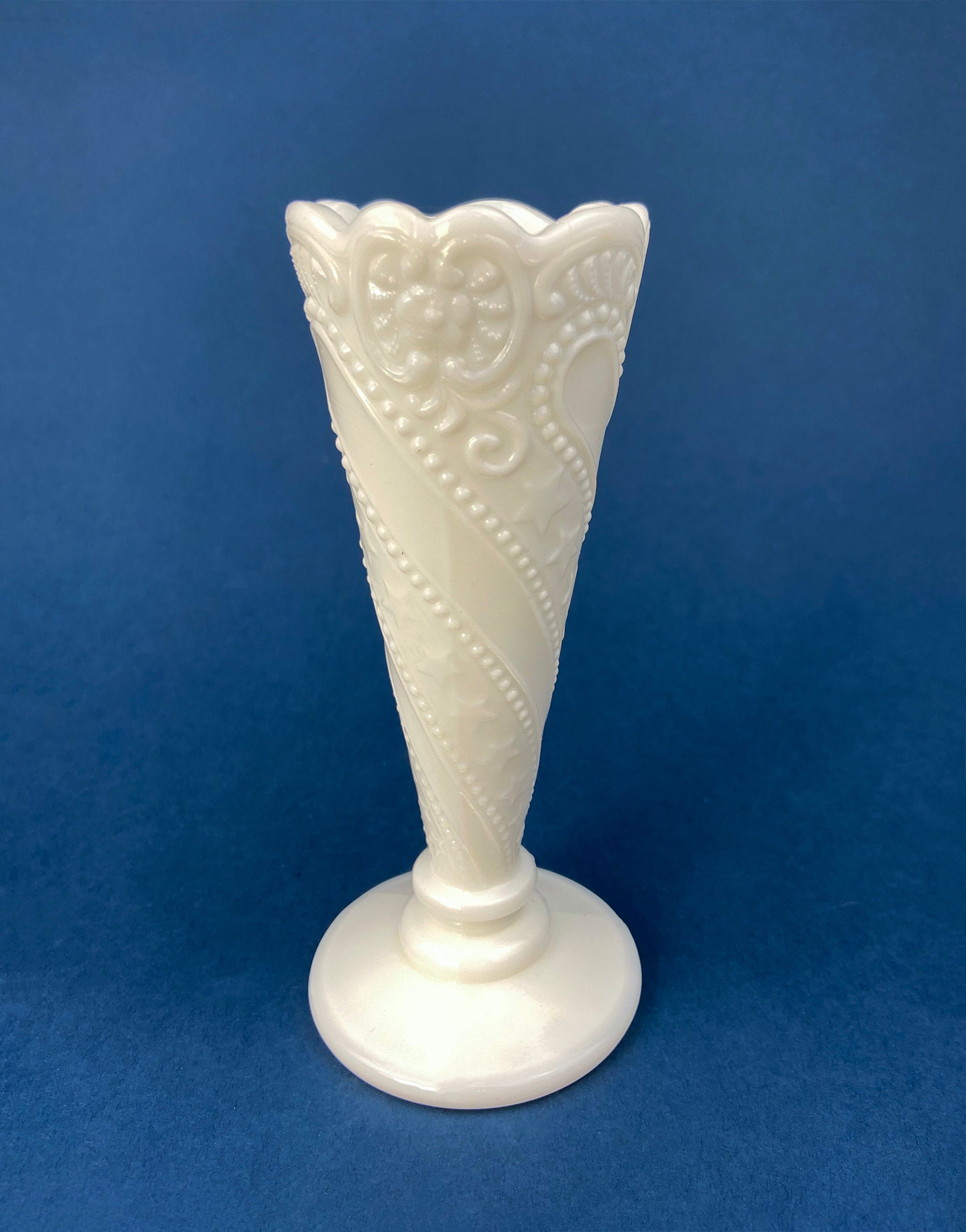 Vintage 6" White Trumpet Vase. Milk Glass, Raised Pattern. Dots, Stars, Flowers, and Scalloped Edge. Small Footed Milk Glass Flute Vase.