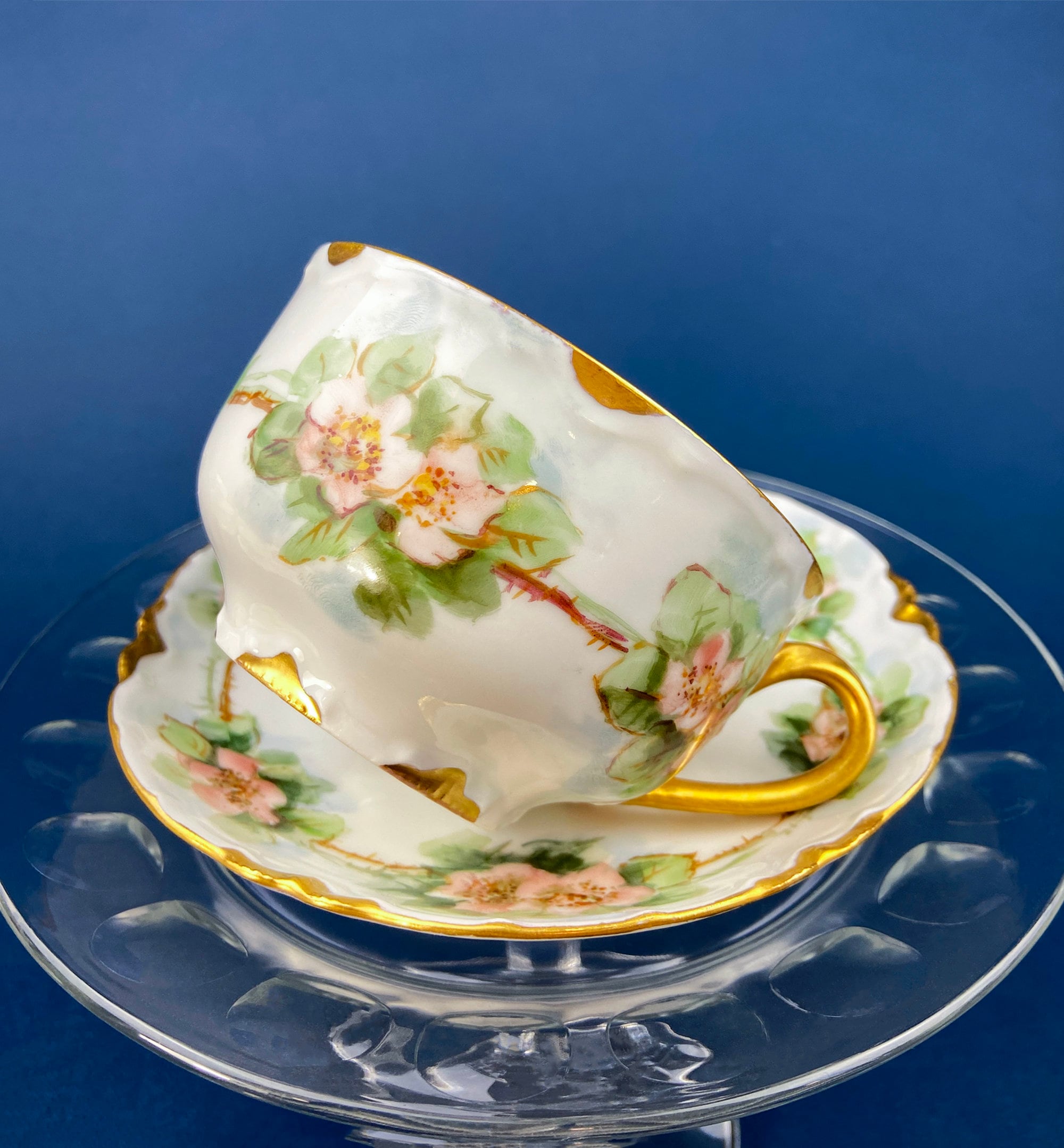 Antique Tea Cup and Saucer with Violets. Hand-Painted Porcelain by Haviland, France. Violet Clusters Motif. Highly Collectible.