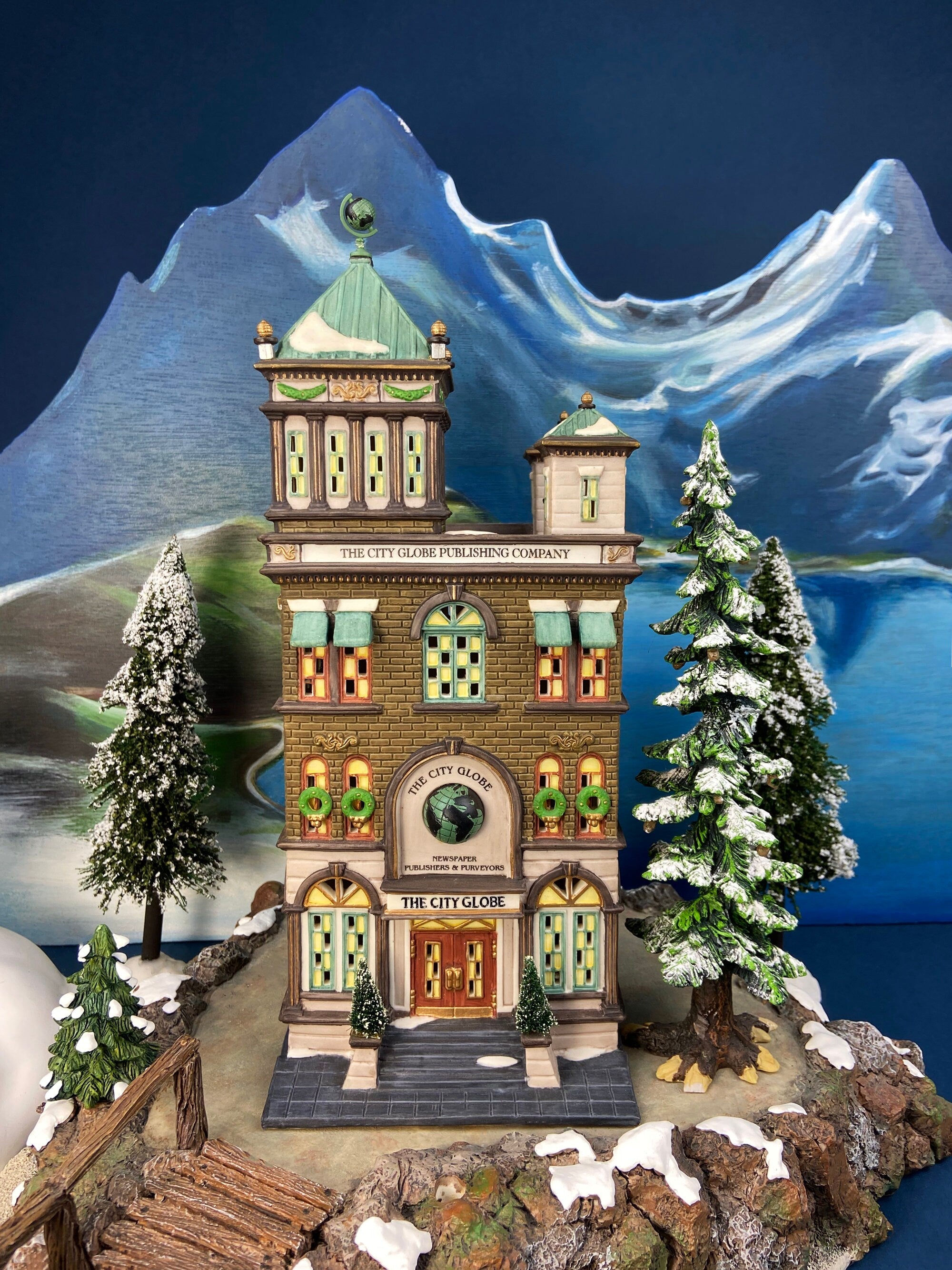 Vintage Blenham Street Bank & 2 Policeman Figurines by Department 56. Illuminated Christmas Village House. Dickens Village. Holiday Display.