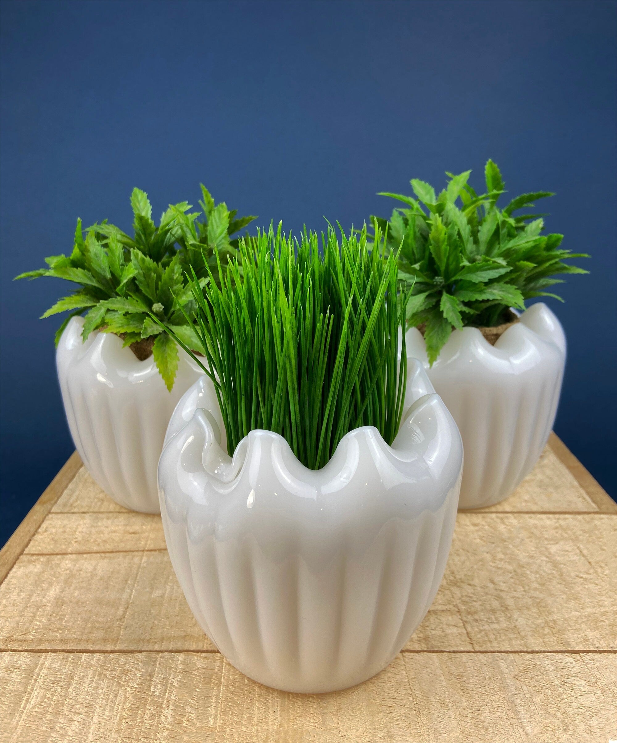 Milk Glass Planter or Vase. Vintage White Flower Pot with Ribbed Pattern and Pinched Rim. Window Sill Herbal Garden.