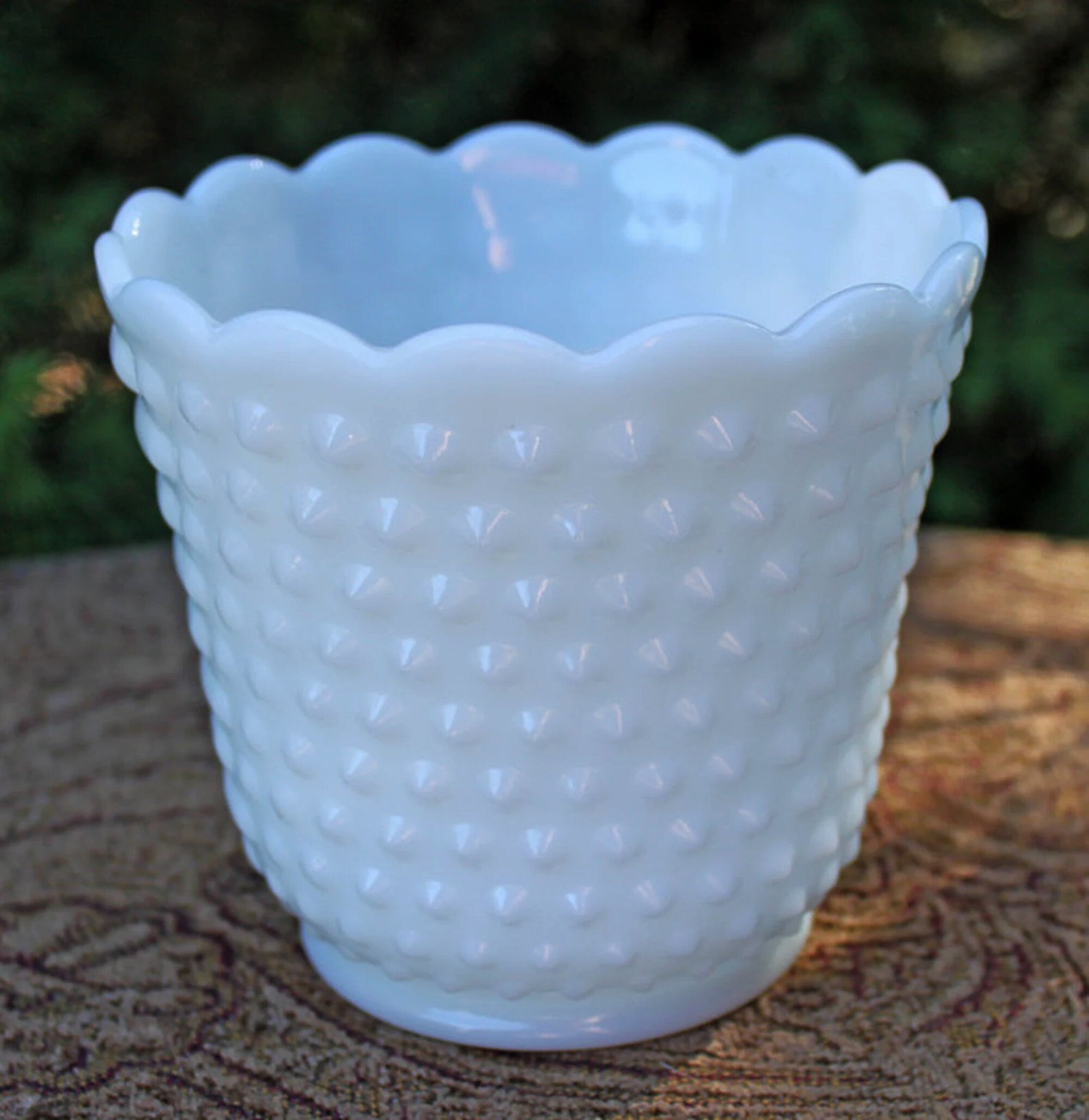 Milk Glass Planter or Vase. Vintage White Flower Pot with Ribbed Pattern and Pinched Rim. Window Sill Herbal Garden.