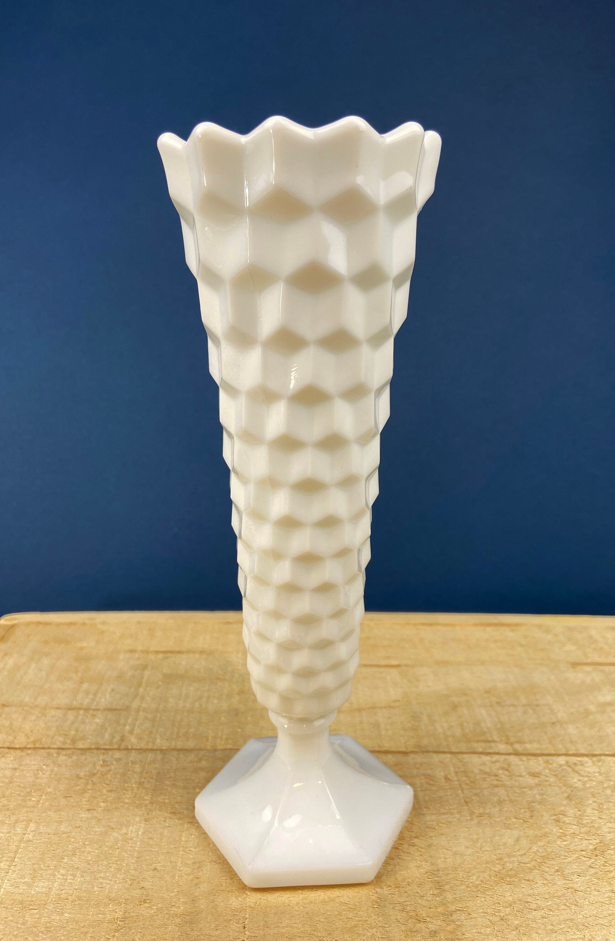 Vintage 6" White Trumpet Vase. Milk Glass, Raised Pattern. Dots, Stars, Flowers, and Scalloped Edge. Small Footed Milk Glass Flute Vase.