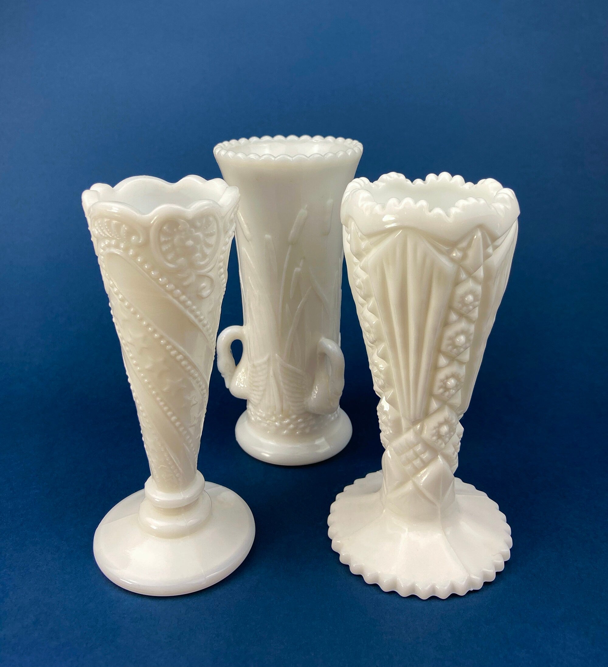 Vintage 6" White Trumpet Vase. Milk Glass, Raised Pattern. Dots, Stars, Flowers, and Scalloped Edge. Small Footed Milk Glass Flute Vase.