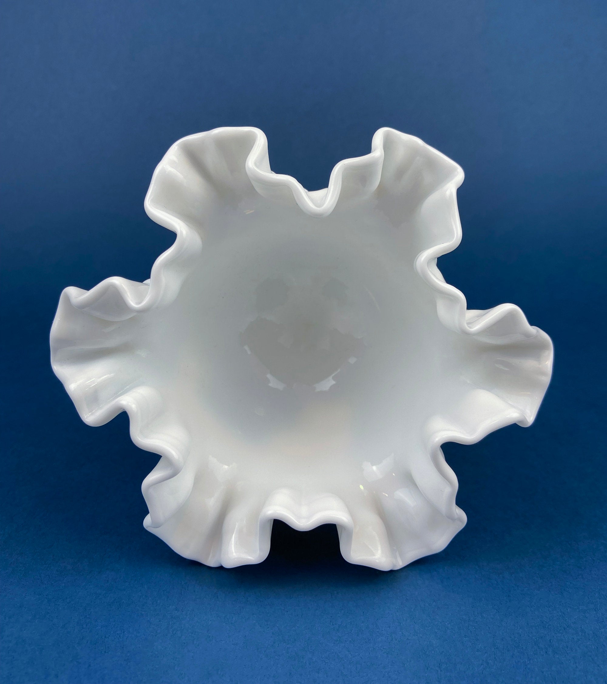 Fenton Milk Glass Compote, Hobnail Scalloped Ruffle Bowl